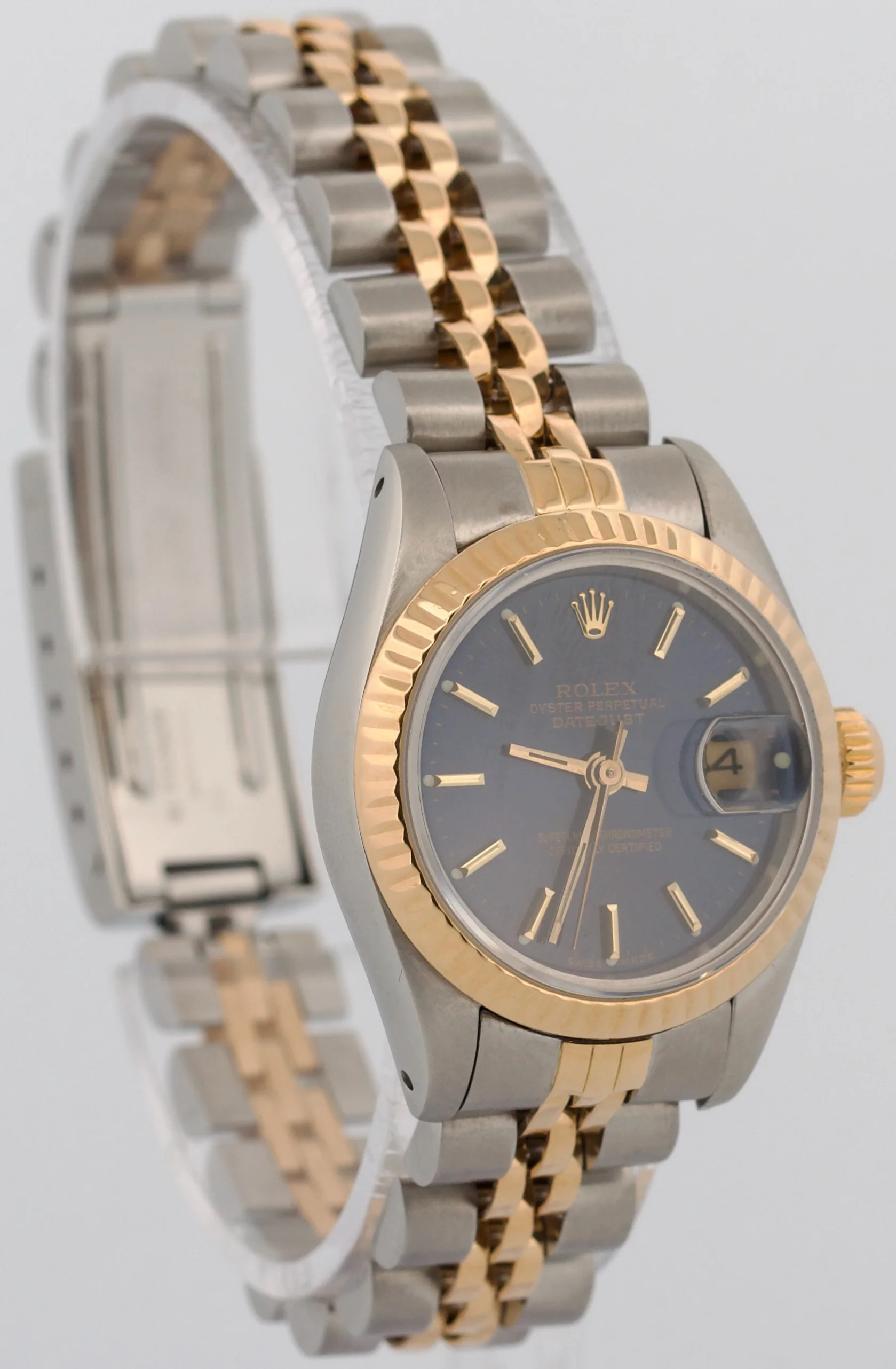 Ladies Rolex DateJust 26mm BLUE 18K Yellow Gold Steel Fluted JUBILEE 69173 Watch - Image 4