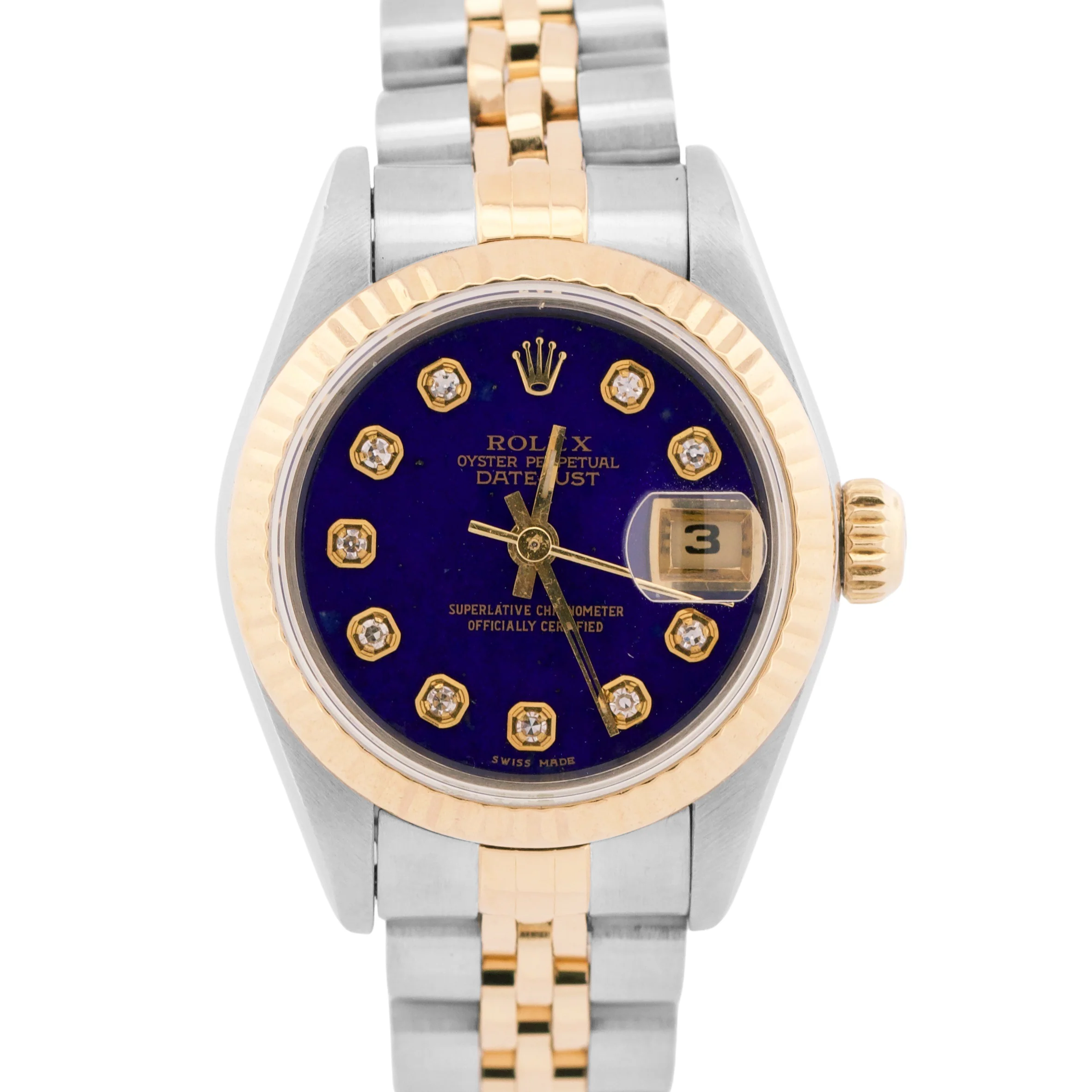 Ladies Rolex DateJust 26mm BLUE DIAMOND Bezel 18K Gold Steel JUBILEE 69173