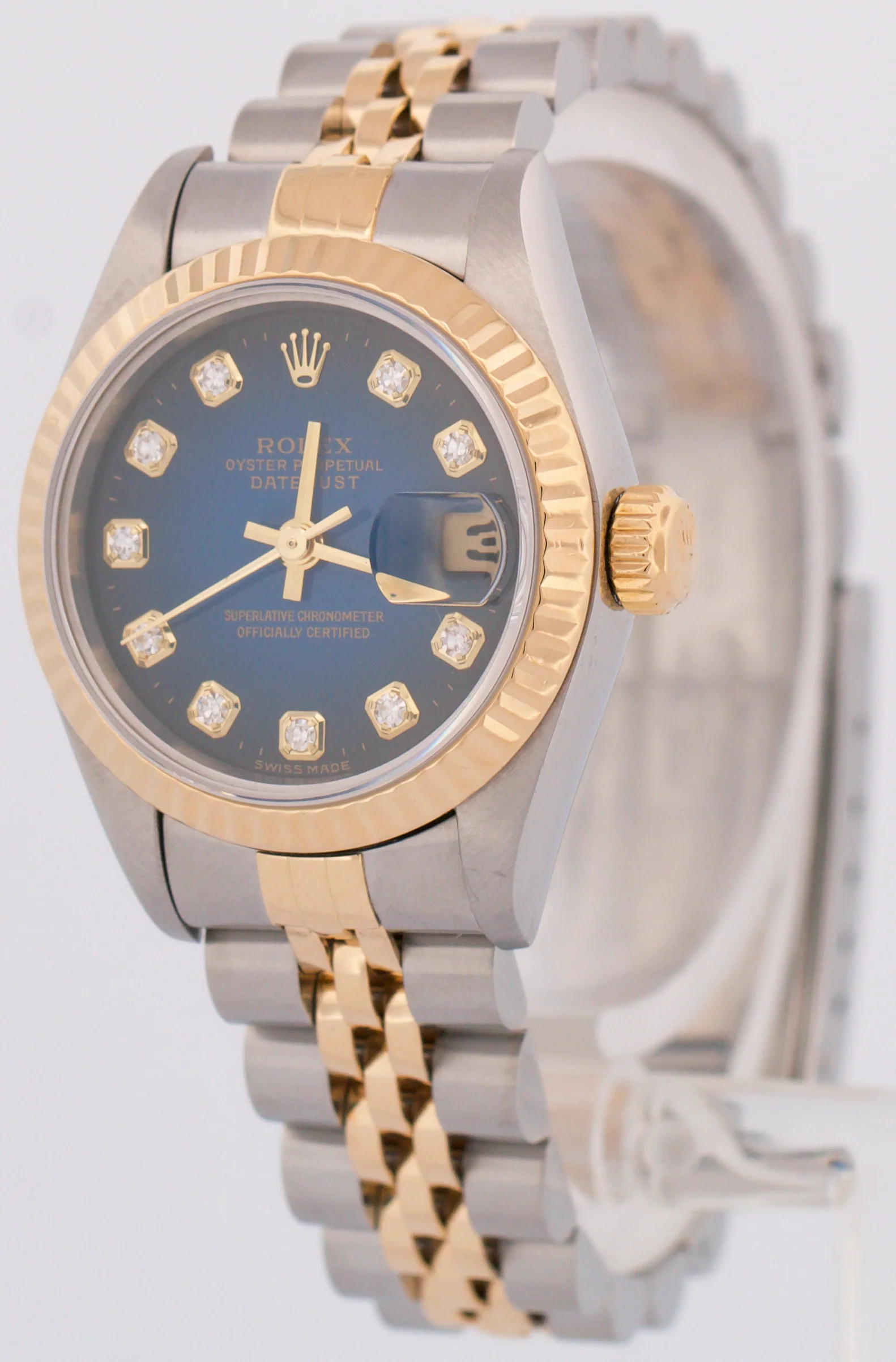 Ladies Rolex DateJust 26mm BLUE VIGNETTE DIAMOND 18K Gold Steel JUBILEE 69173 - Image 3
