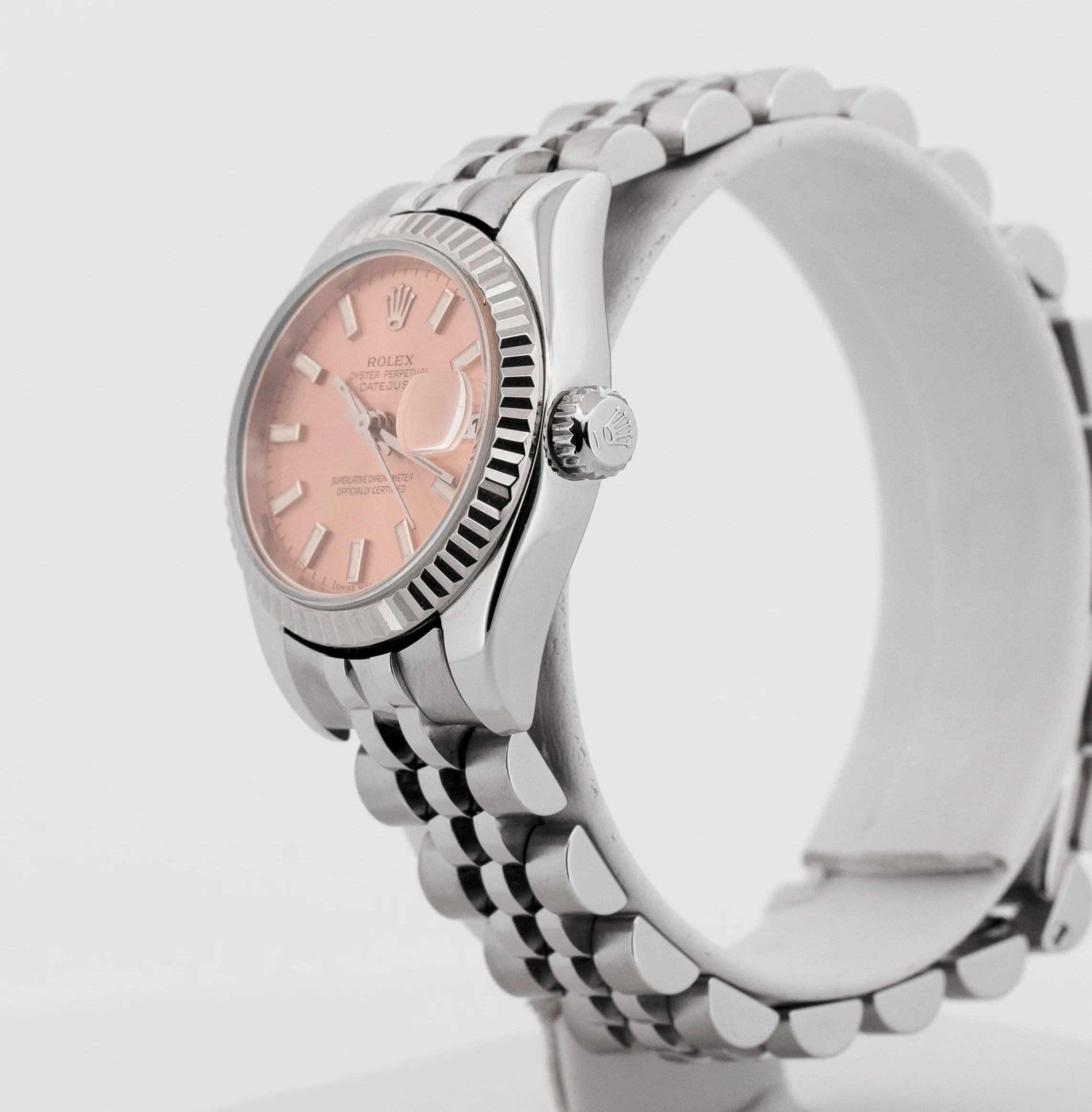 Ladies Rolex DateJust 26mm SALMON Steel White Gold Fluted JUBILEE Watch 179174 - Image 3