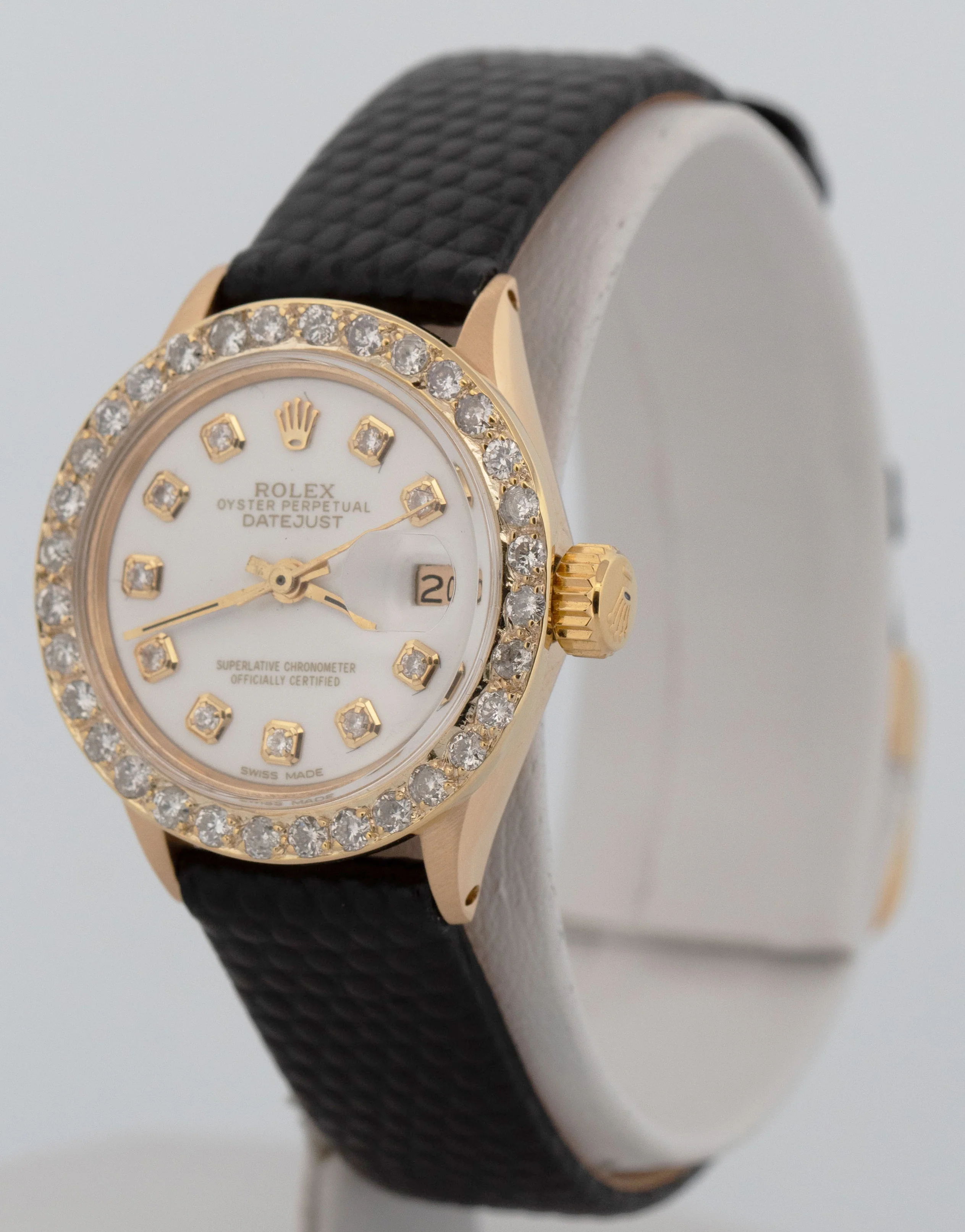 Ladies Rolex DateJust 26mm WHITE DIAMOND 18K Yellow Gold Leather 6917 Watch - Image 3