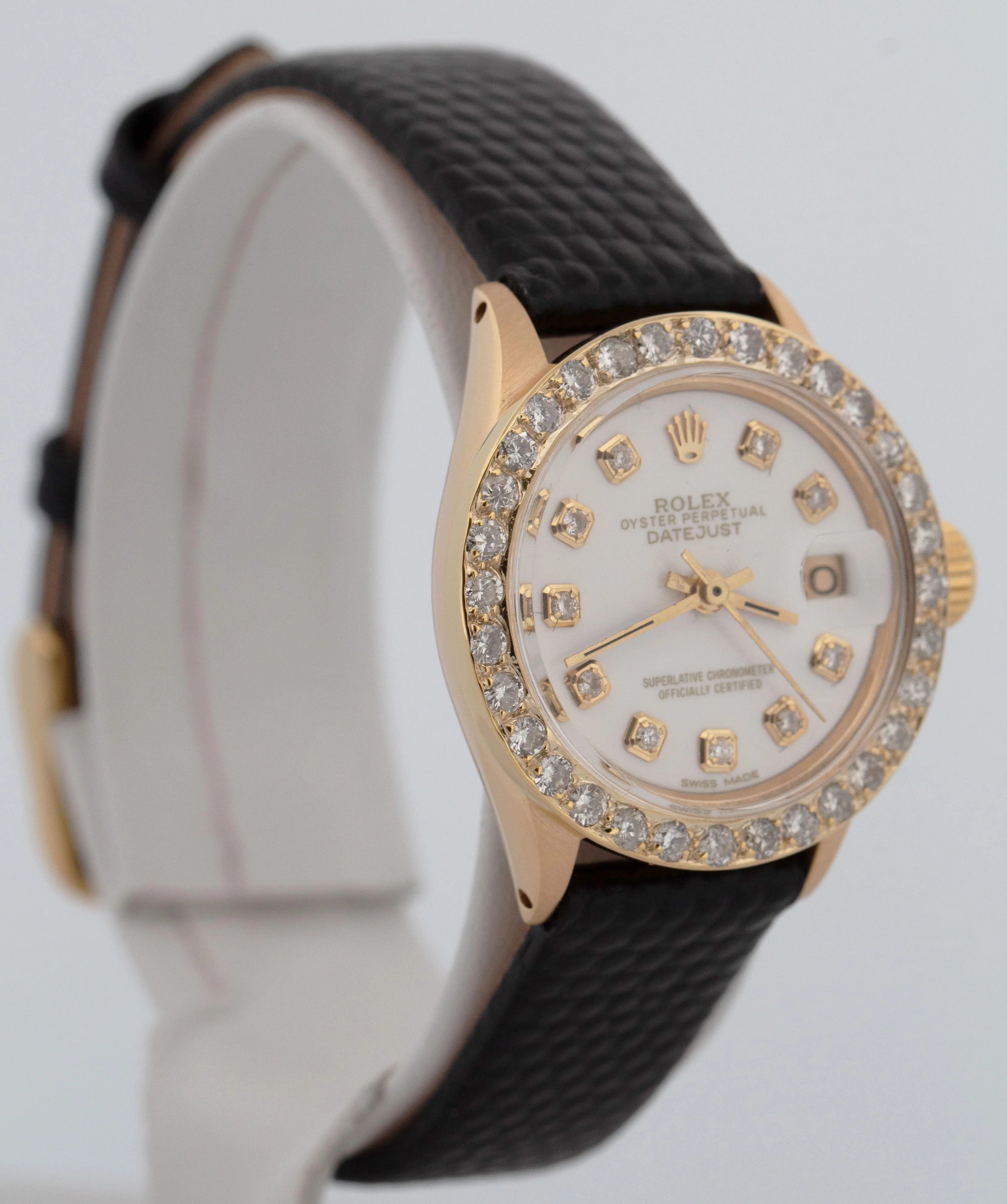 Ladies Rolex DateJust 26mm WHITE DIAMOND 18K Yellow Gold Leather 6917 Watch - Image 5