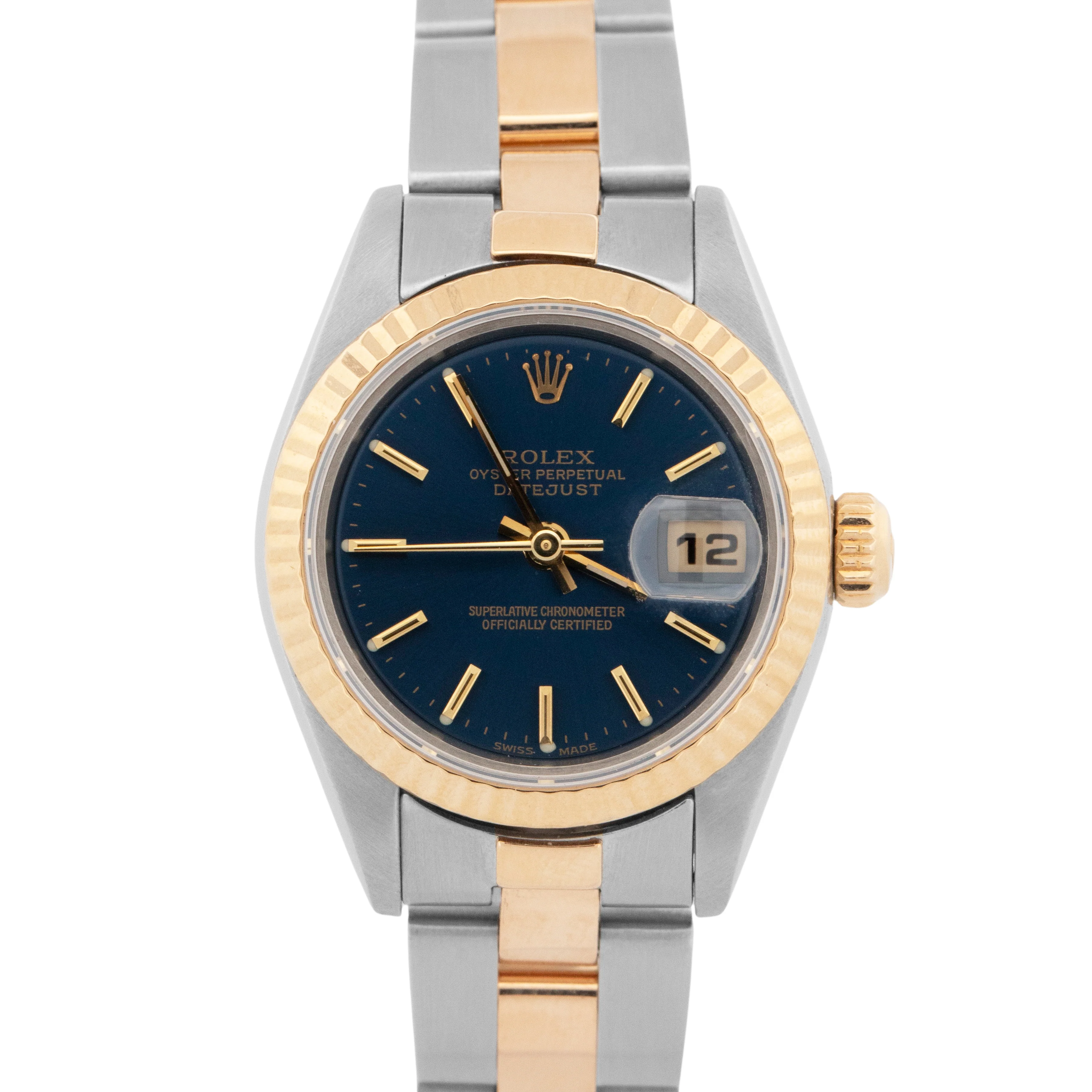 Ladies Rolex DateJust BLUE 18K Yellow Gold Stainless 26mm OYSTER Watch 79173