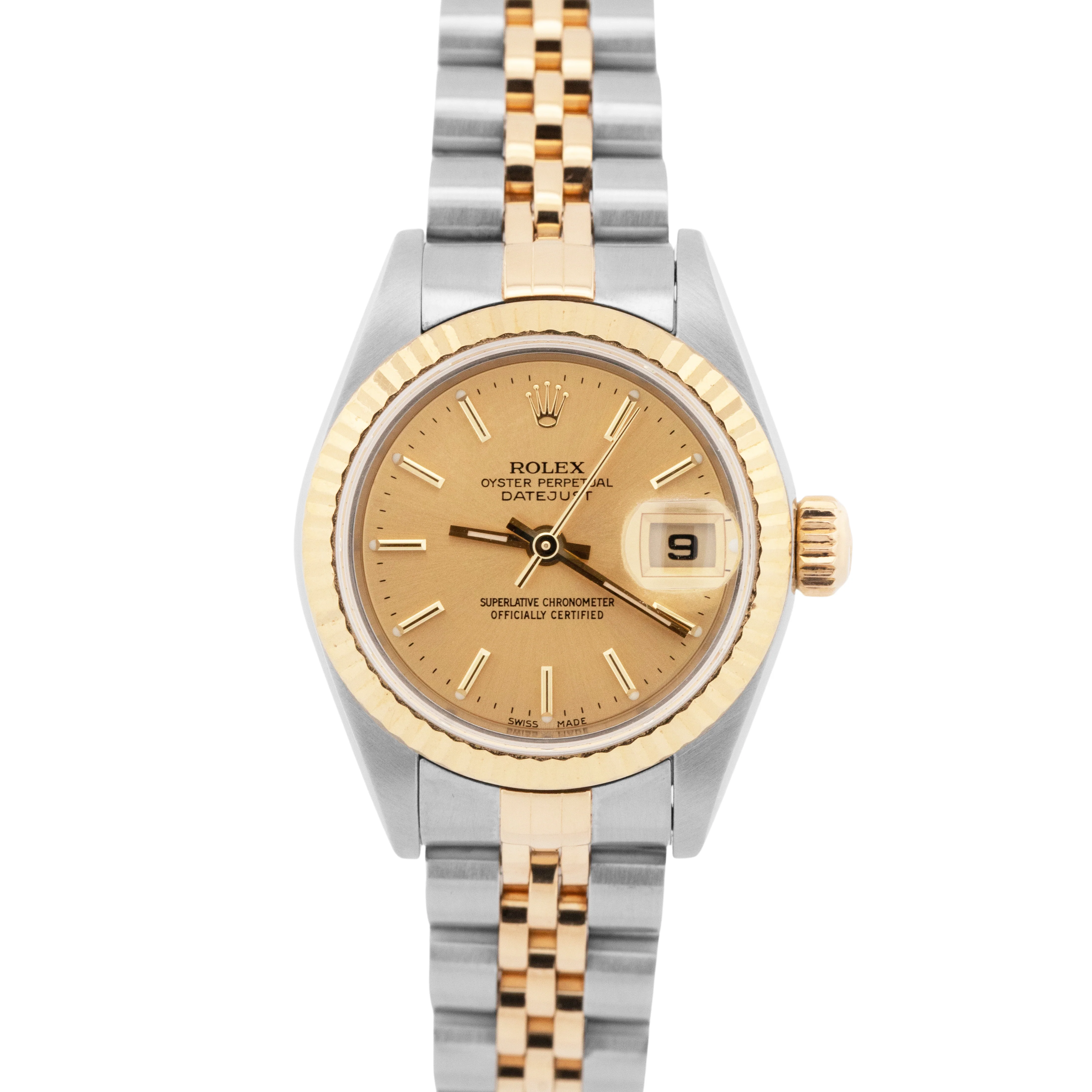 PAPERS Ladies Rolex DateJust Champagne 18K Gold Steel 26mm JUBILEE 79173 BOX