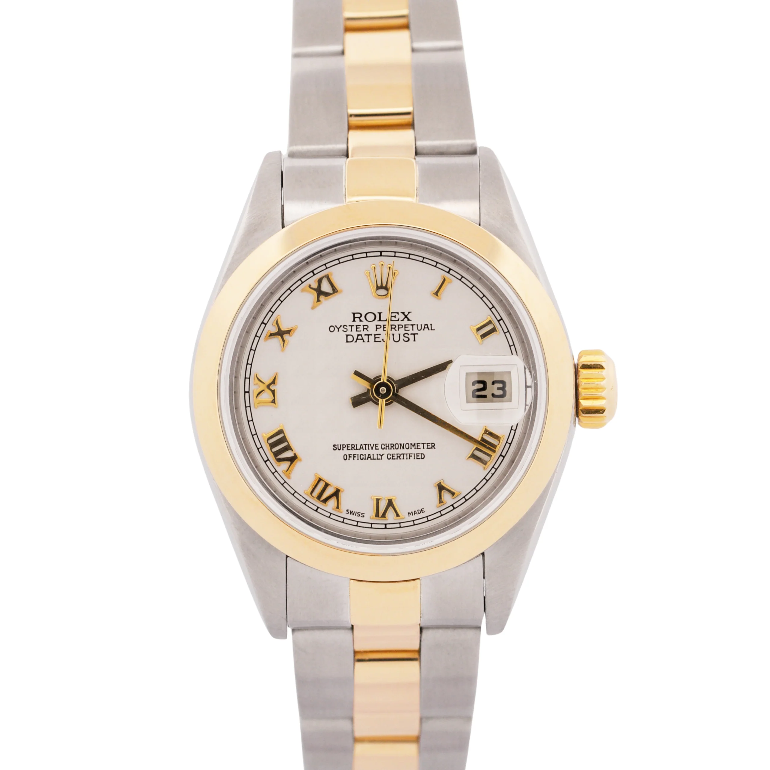 Ladies Rolex DateJust IVORY ROMAN PYRAMID 18K Gold Steel OYSTER 26mm 79163 BOX
