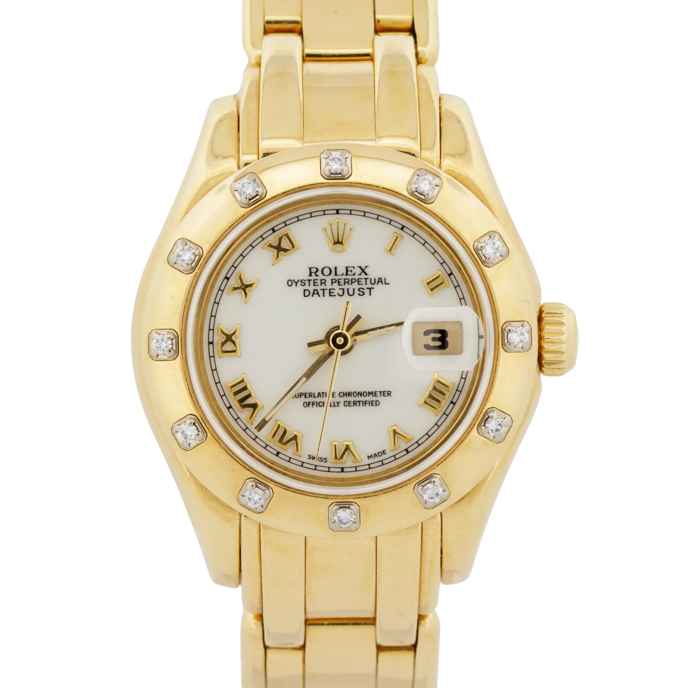 Ladies Rolex DateJust Pearlmaster DIAMOND WHITE ROMAN 18K Yellow Gold 29mm 69318