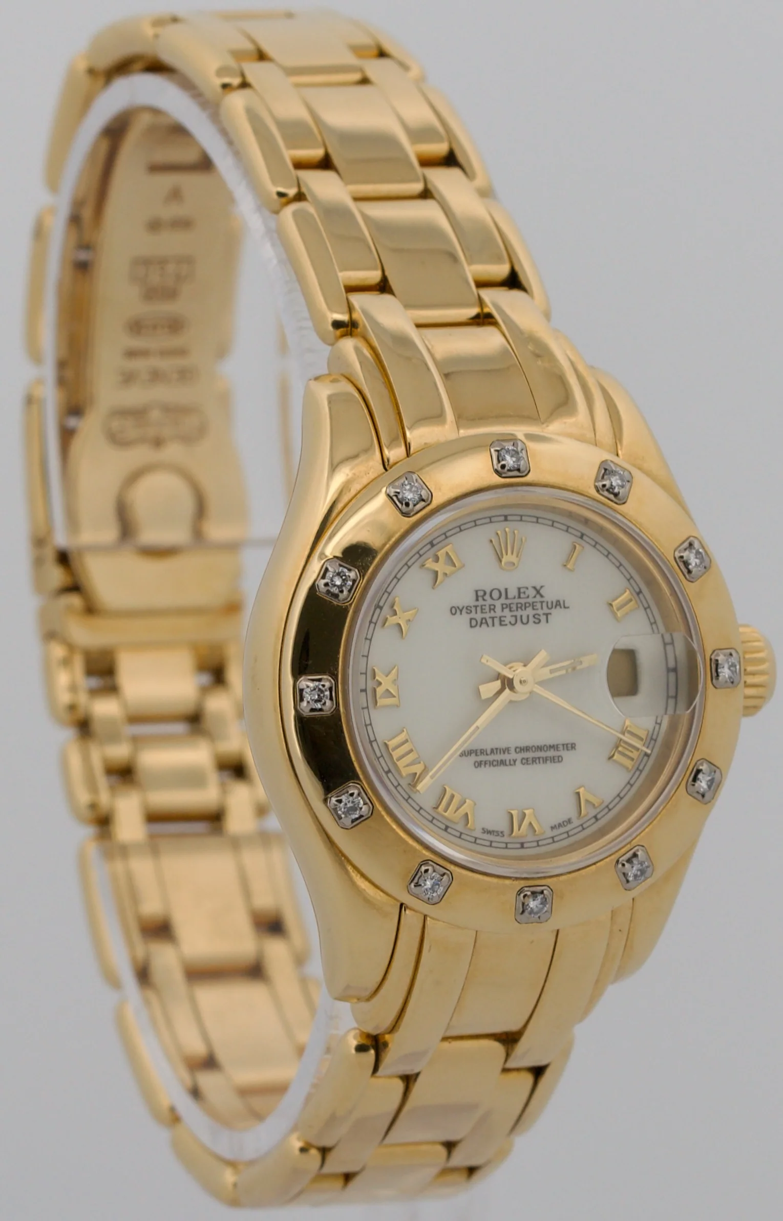 Ladies Rolex DateJust Pearlmaster DIAMOND WHITE ROMAN 18K Yellow Gold 29mm 69318 - Image 4