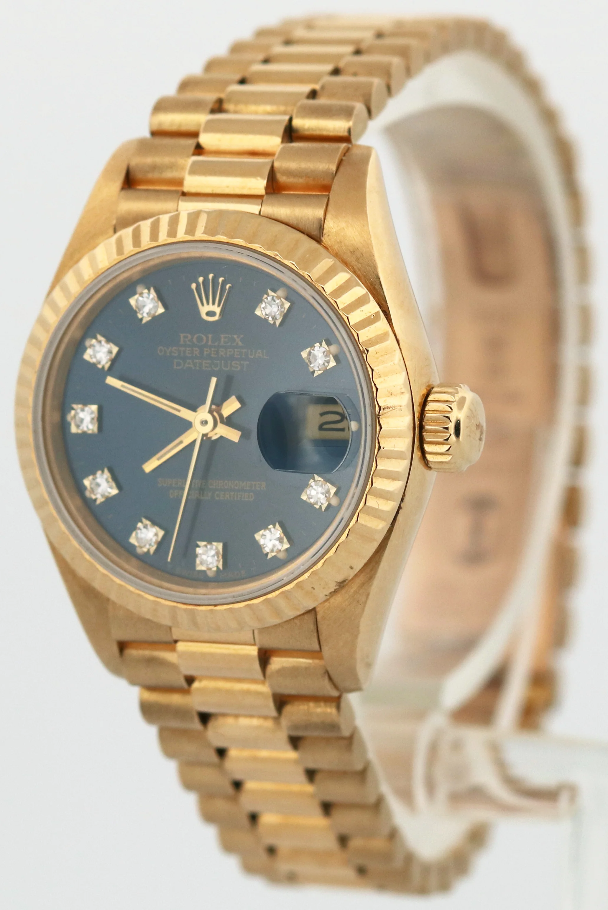 Ladies Rolex DateJust President 26mm BLUE DIAMOND 18K Yellow Gold Watch 69178 - Image 3