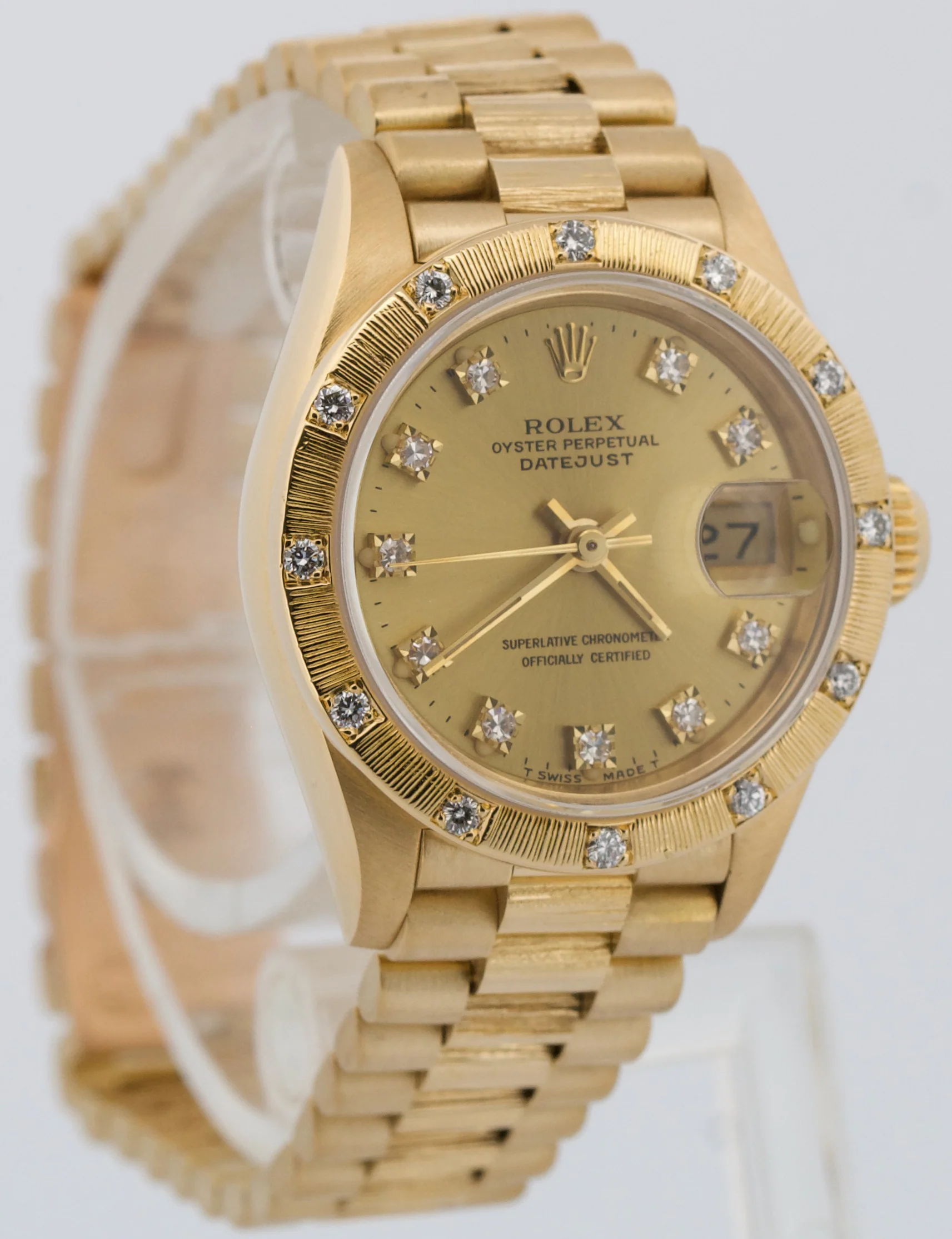 Ladies Rolex DateJust President 26mm DIAMOND BARK 18K Yellow Gold 69288 Watch - Image 4