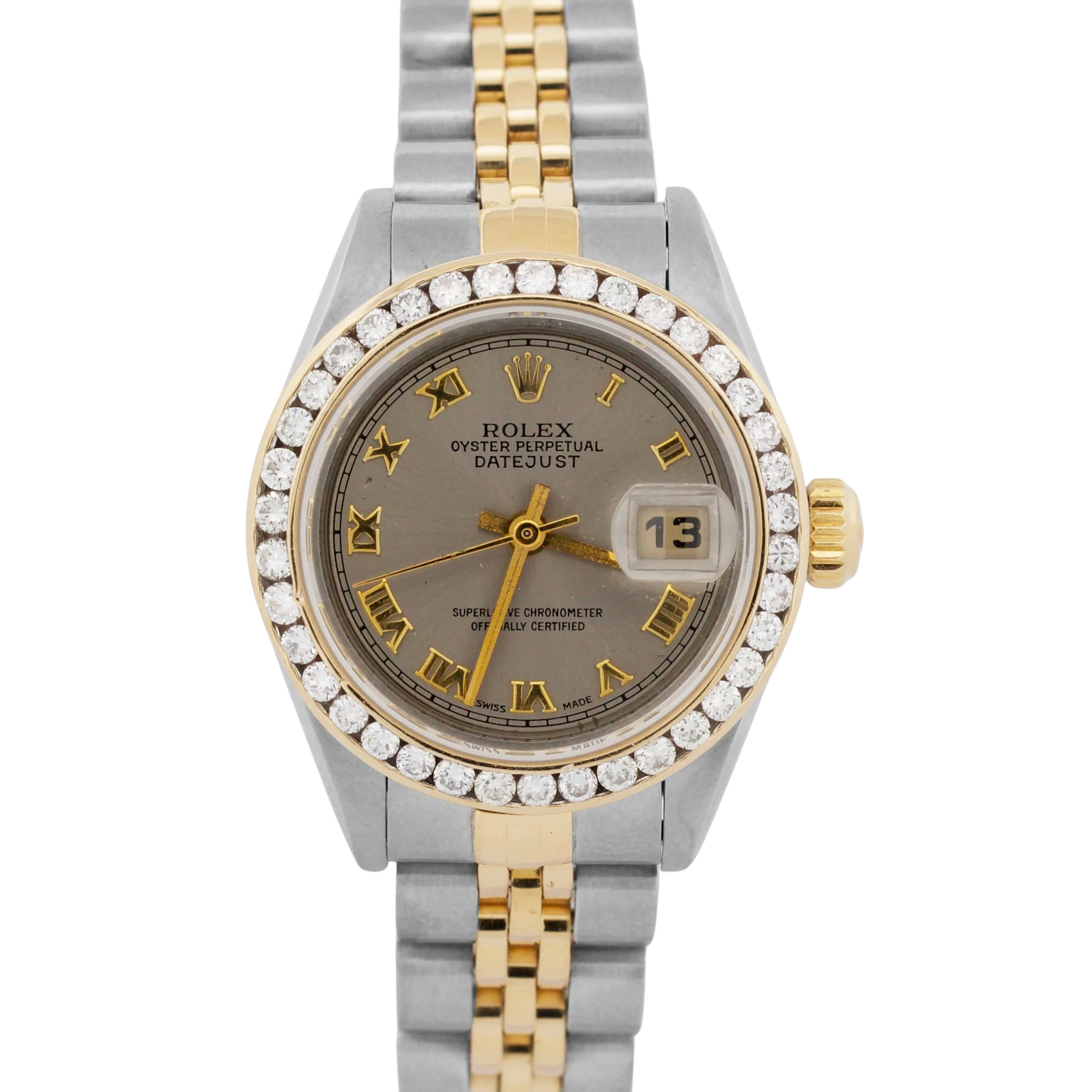 Ladies Rolex DateJust SILVER ROMAN DIAMOND 18K Gold Steel 26mm JUBILEE 79173