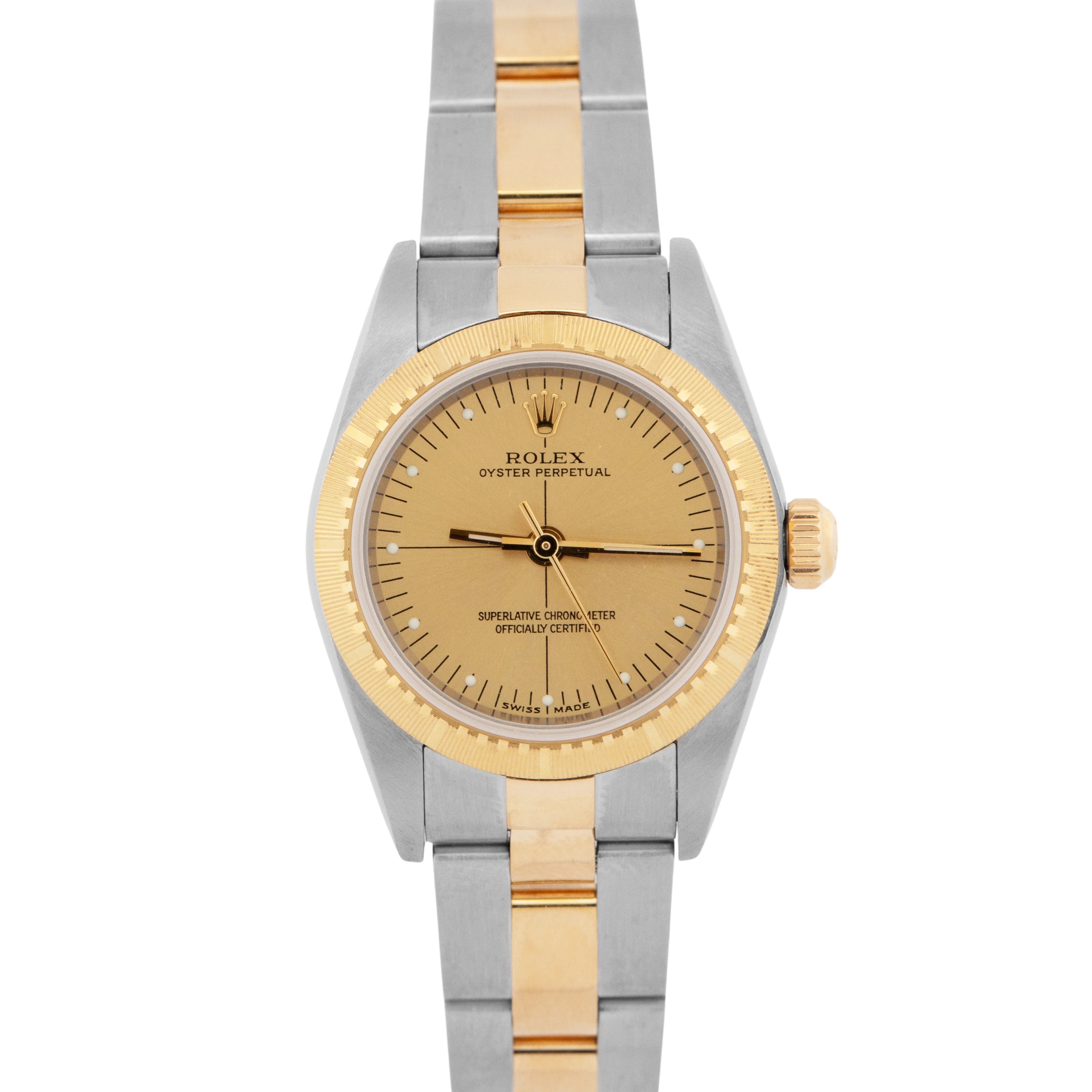 Ladies Rolex Oyster Perpetual 24mm ZEPHYR Two-Tone 18K Gold NO-HOLES Watch 76243
