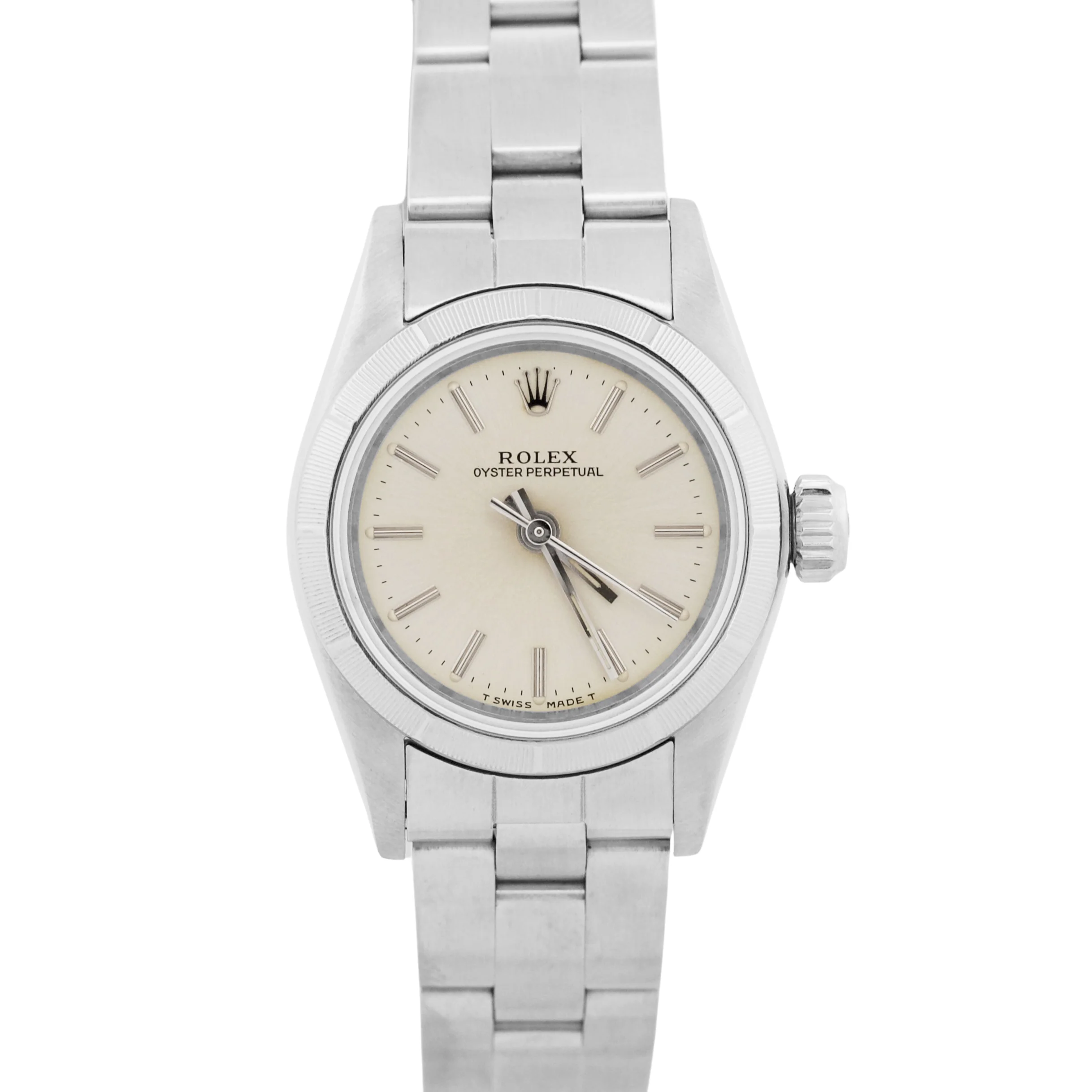 Ladies Rolex Oyster Perpetual PATINA SILVER Engine-Turned Steel 24mm Watch 67230