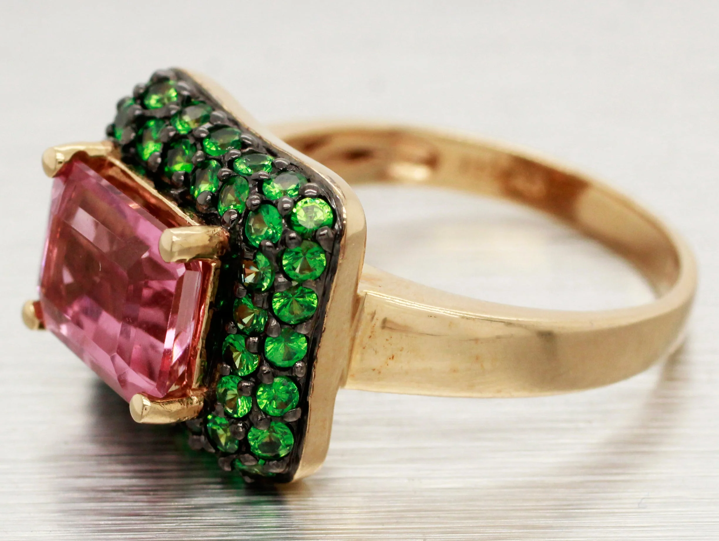LeVian Pink Quartz & Tsavorite Cocktail Ring - 14k Yellow Gold Band - Image 2