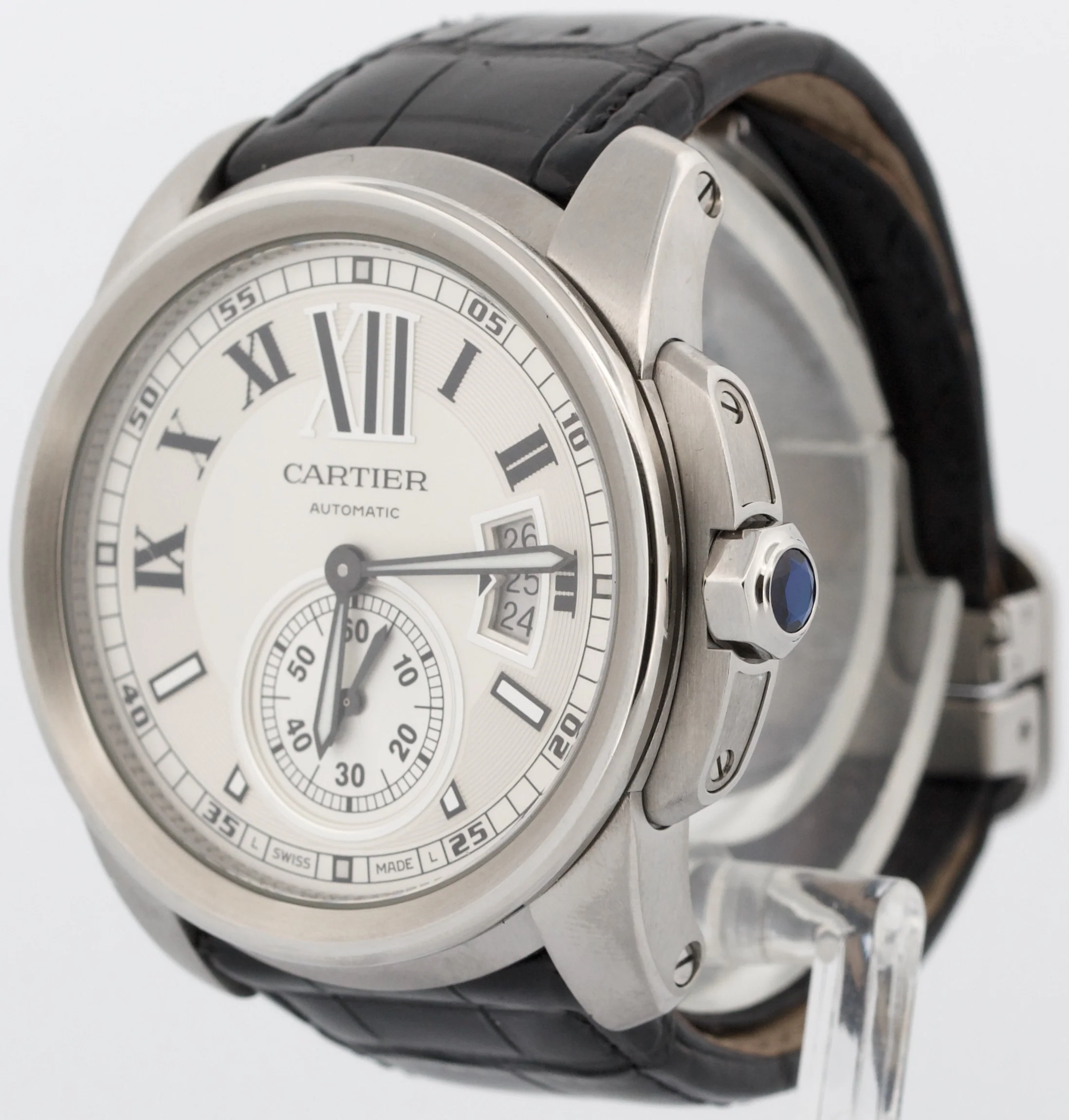 Men's Cartier Calibre SILVER ROMAN 42mm Steel Leather Date Watch 3389 / W7100037 - Image 3