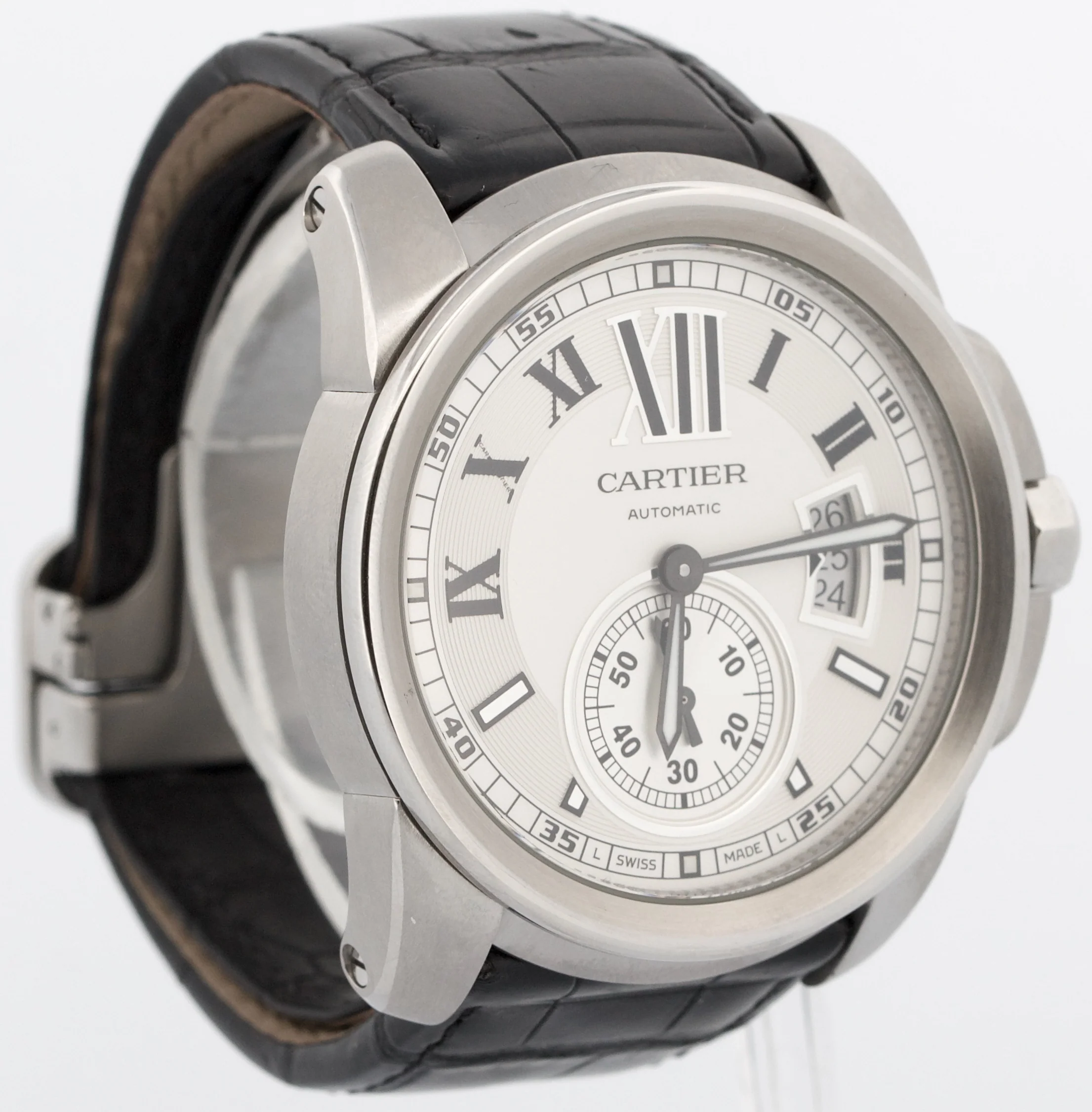 Men's Cartier Calibre SILVER ROMAN 42mm Steel Leather Date Watch 3389 / W7100037 - Image 4
