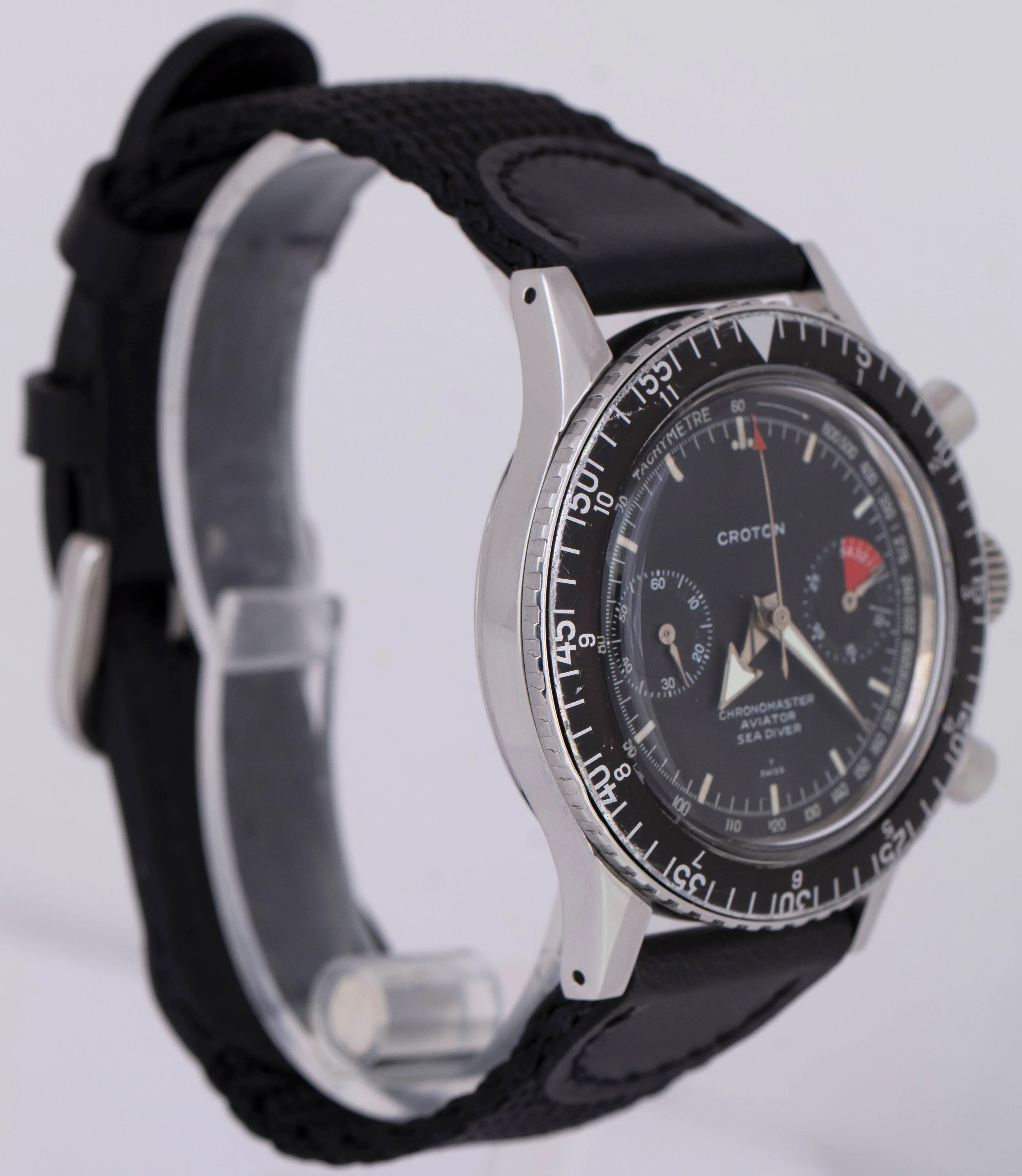 Men's Vintage Croton Chronomaster Aviator 38mm Black Chronograph Watch 105-25249 - Image 3