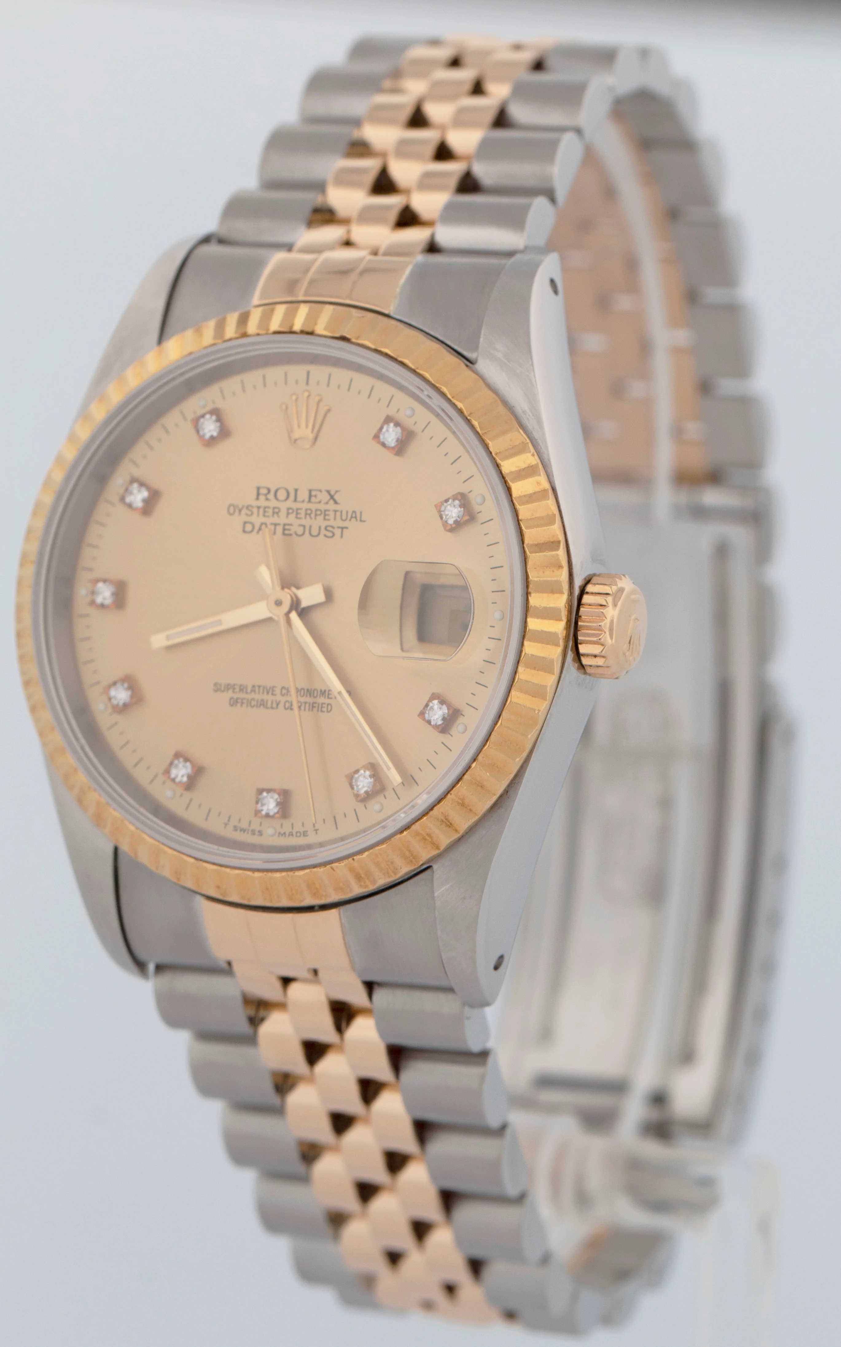 MINT 1990 Rolex DateJust 36mm FACTORY DIAMOND Champagne Jubilee 18K Watch 16233 - Image 3