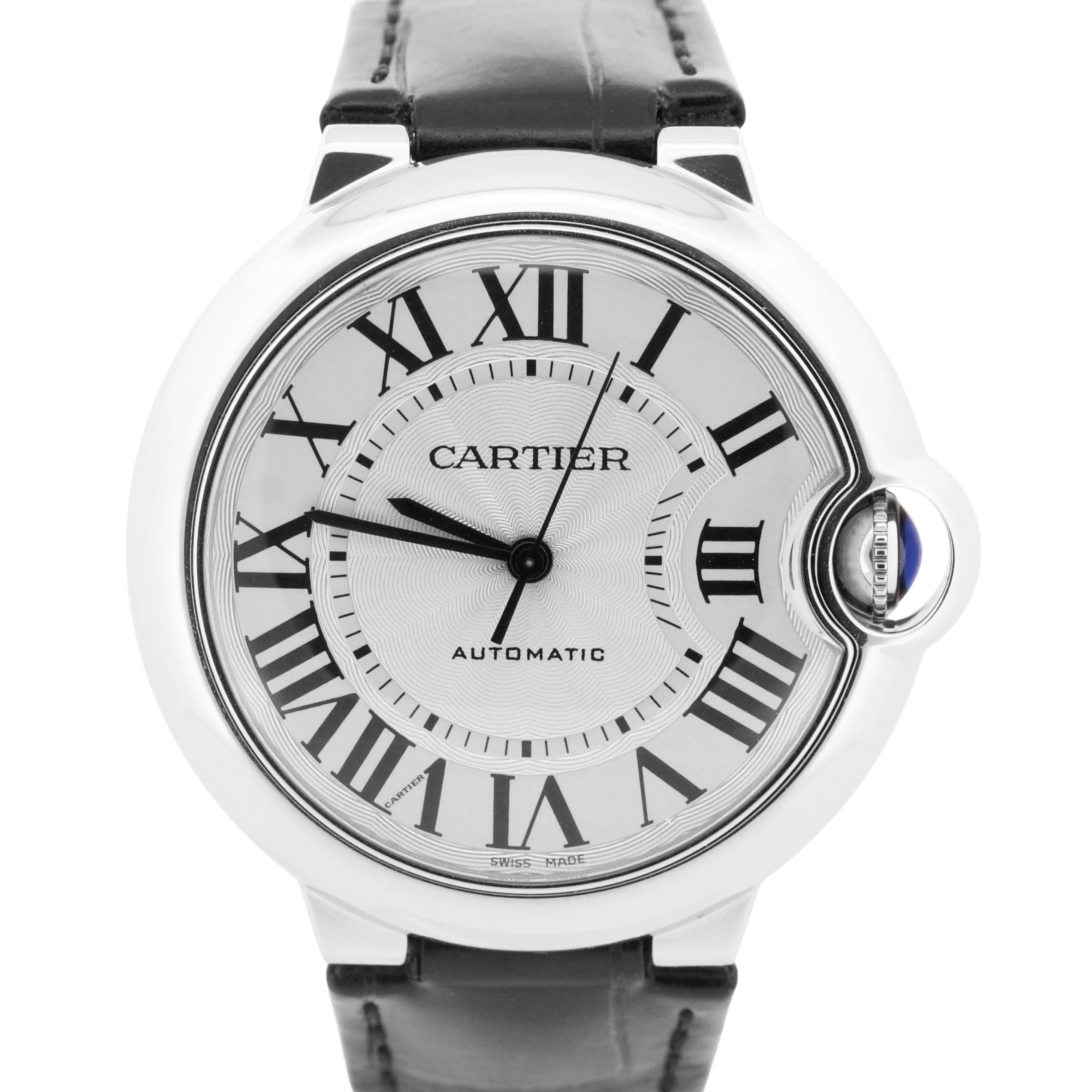 MINT Cartier Ballon Bleu SILVER GUILLOCHE ROMAN Leather WSBB0028 36mm 4372 Watch