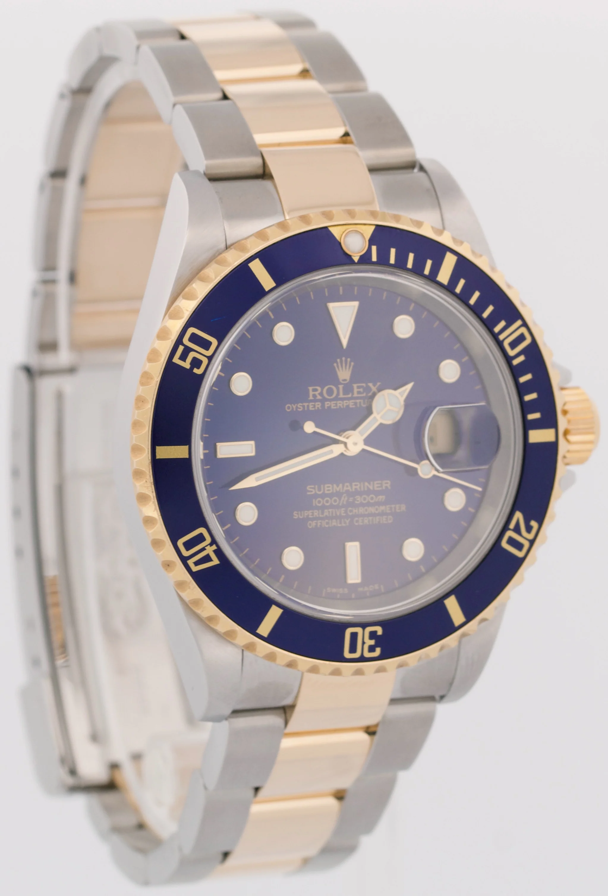 MINT PAPERS Rolex Submariner 40mm BLUE 18K Steel No-Holes GOLD BUCKLE 16613 BOX - Image 3