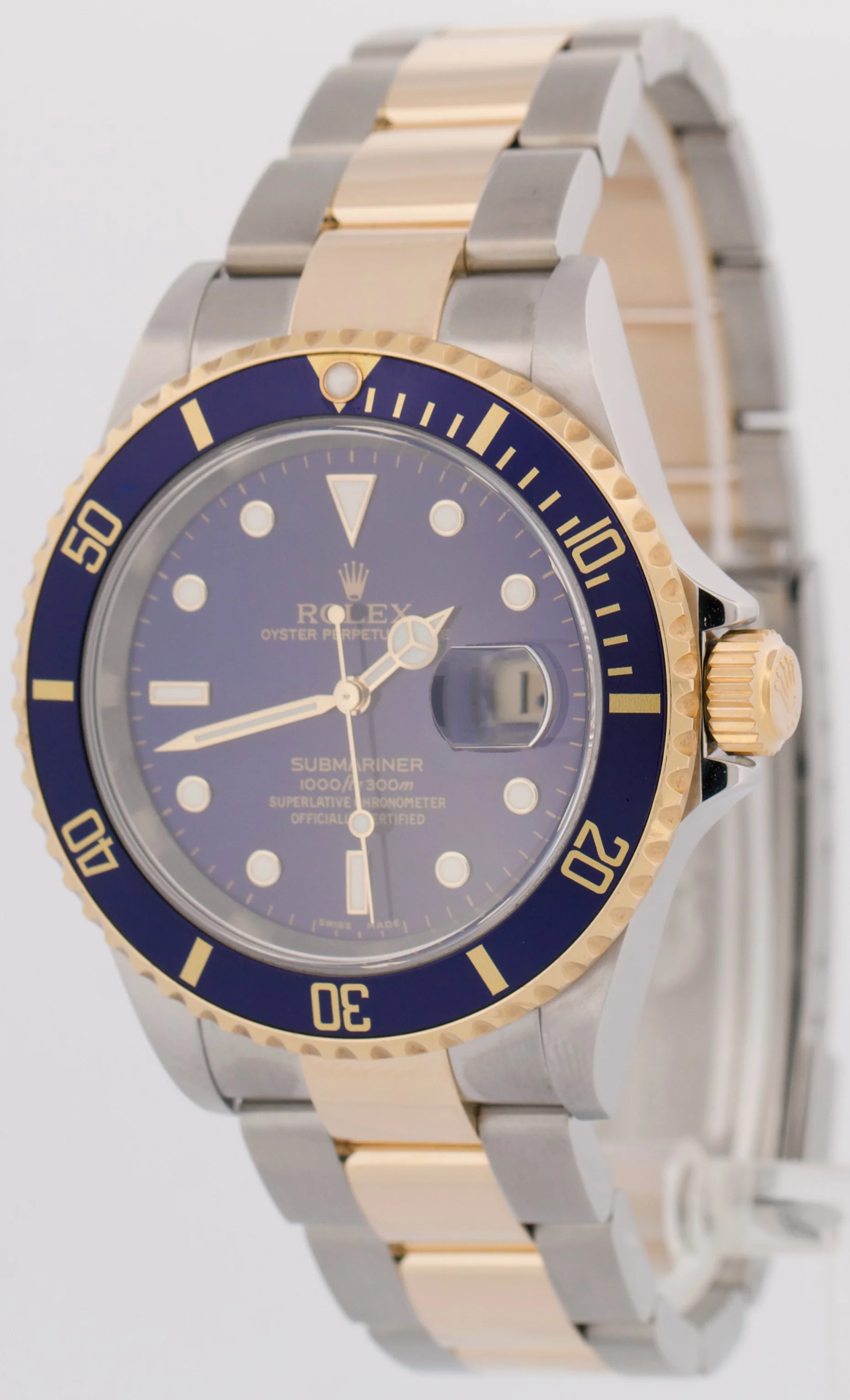 MINT PAPERS Rolex Submariner 40mm BLUE 18K Steel No-Holes GOLD BUCKLE 16613 BOX - Image 4