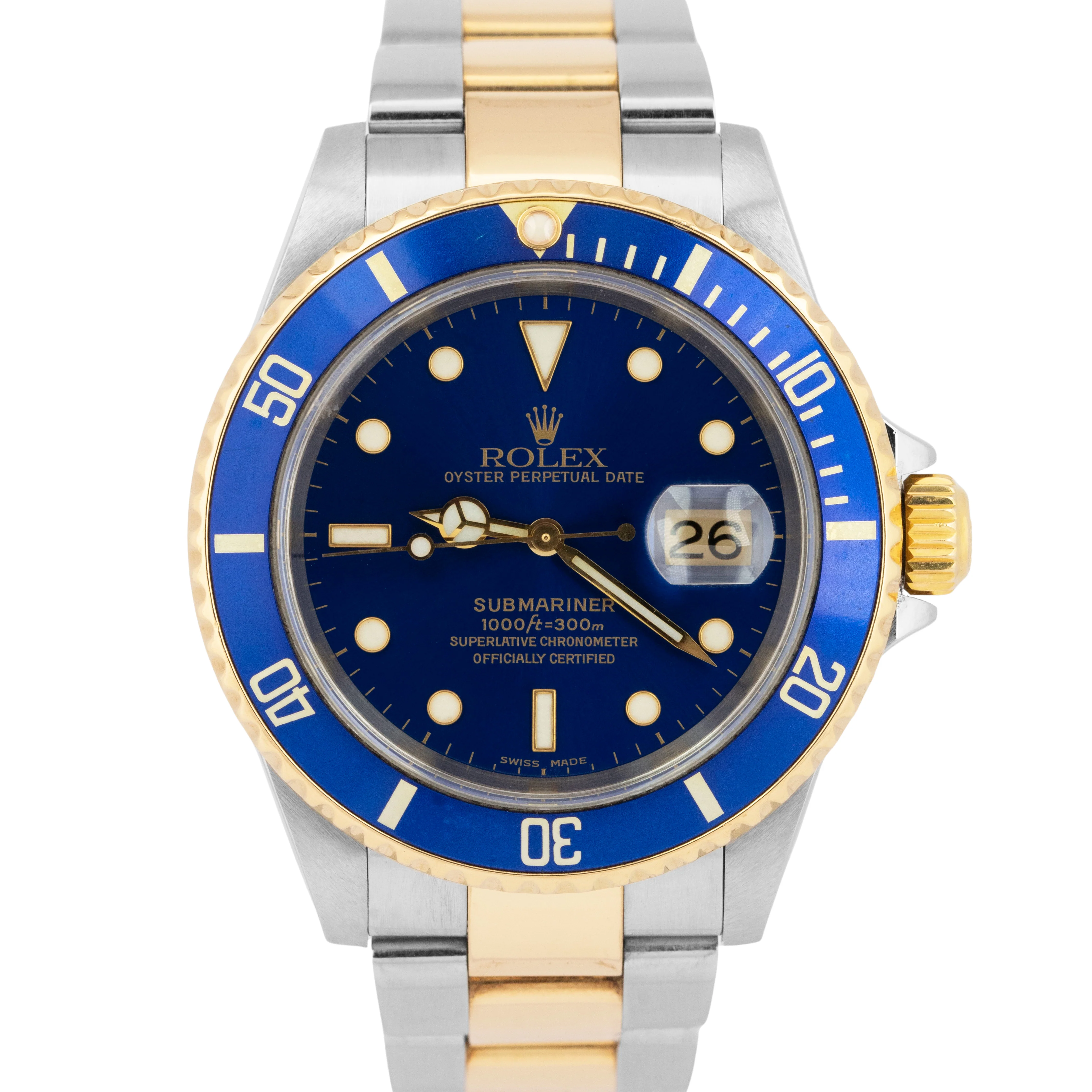 MINT PAPERS Rolex Submariner Date 40mm NO-HOLES 18K GOLD BUCKLE Blue 16613 BOX
