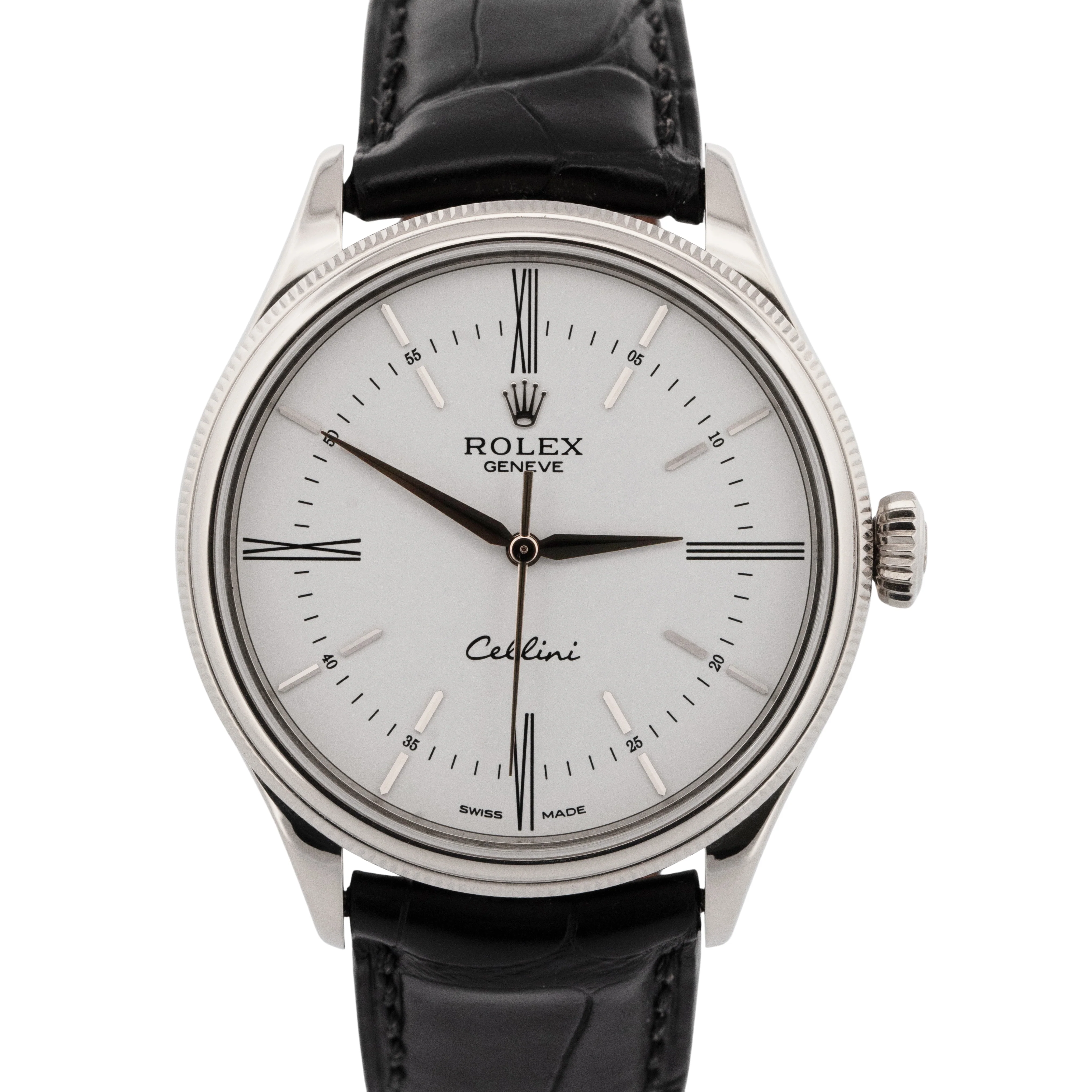 MINT Rolex Cellini White Leather 18K White Gold 39mm Automatic Watch 50509