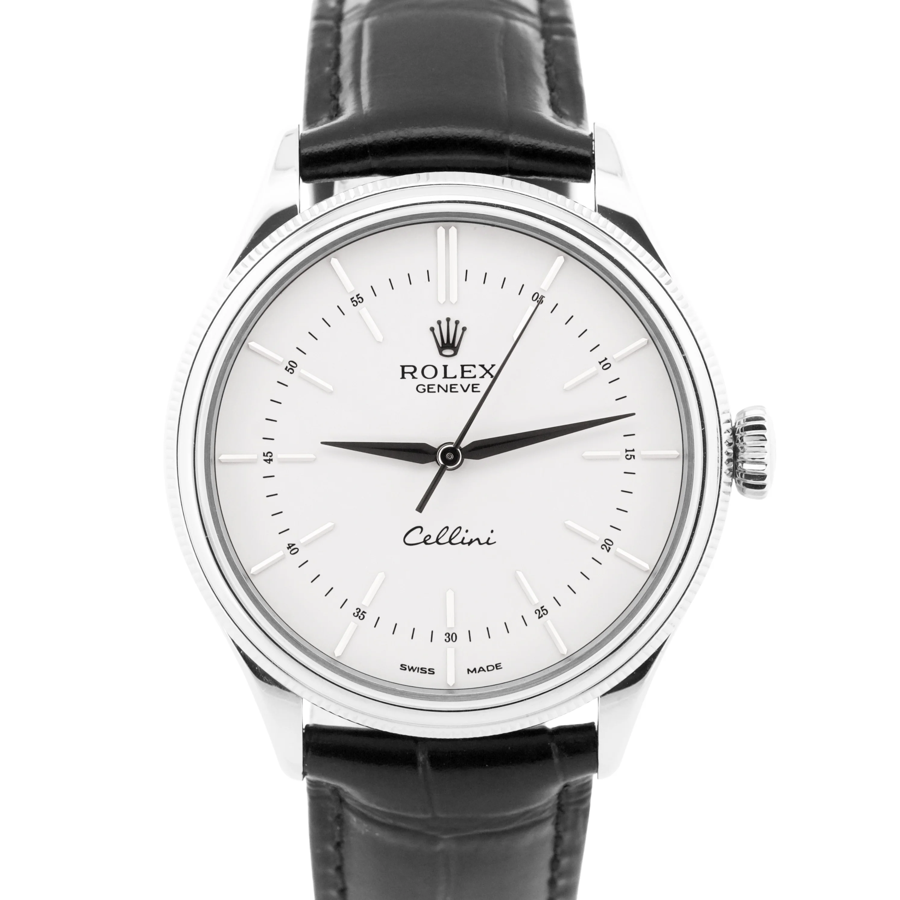 MINT Rolex Cellini White Leather 18K White Gold 39mm Automatic Watch 50509
