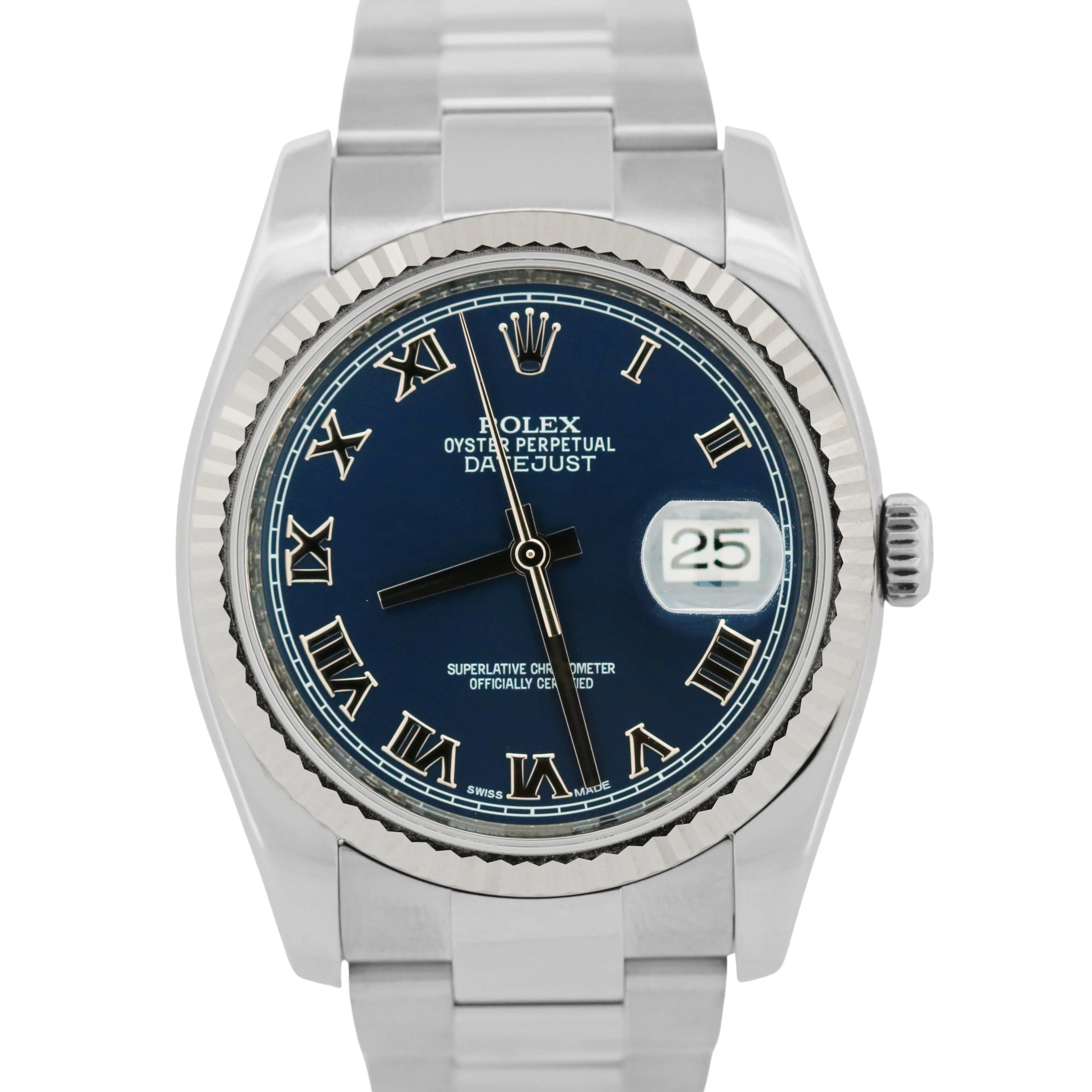 Rolex DateJust BLUE ROMAN Stainless Steel OYSTER 18K Gold Fluted 36mm 116200