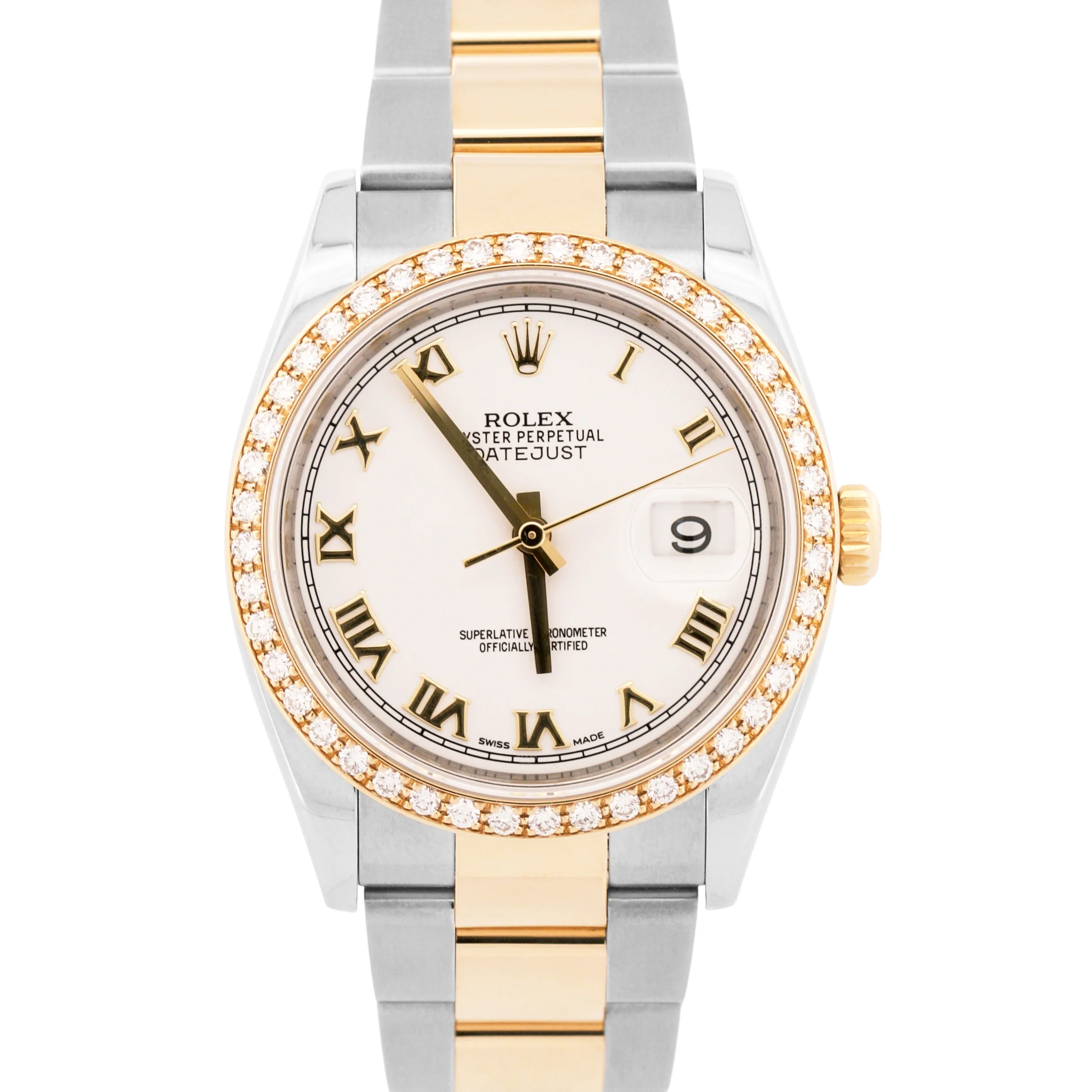 MINT Rolex DateJust WHITE ROMAN DIAMOND 36mm 18K Yellow Gold Oyster Steel 126203