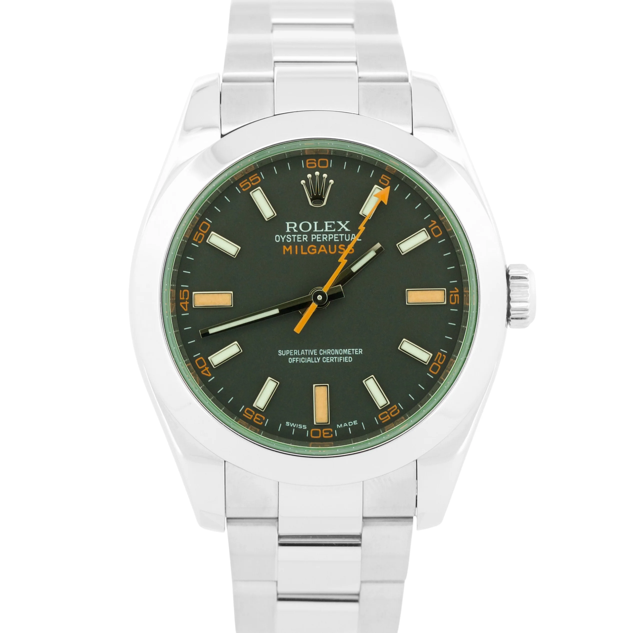 MINT Rolex Milgauss BLACK Green Orange Stainless Steel 40mm 116400 GV Watch