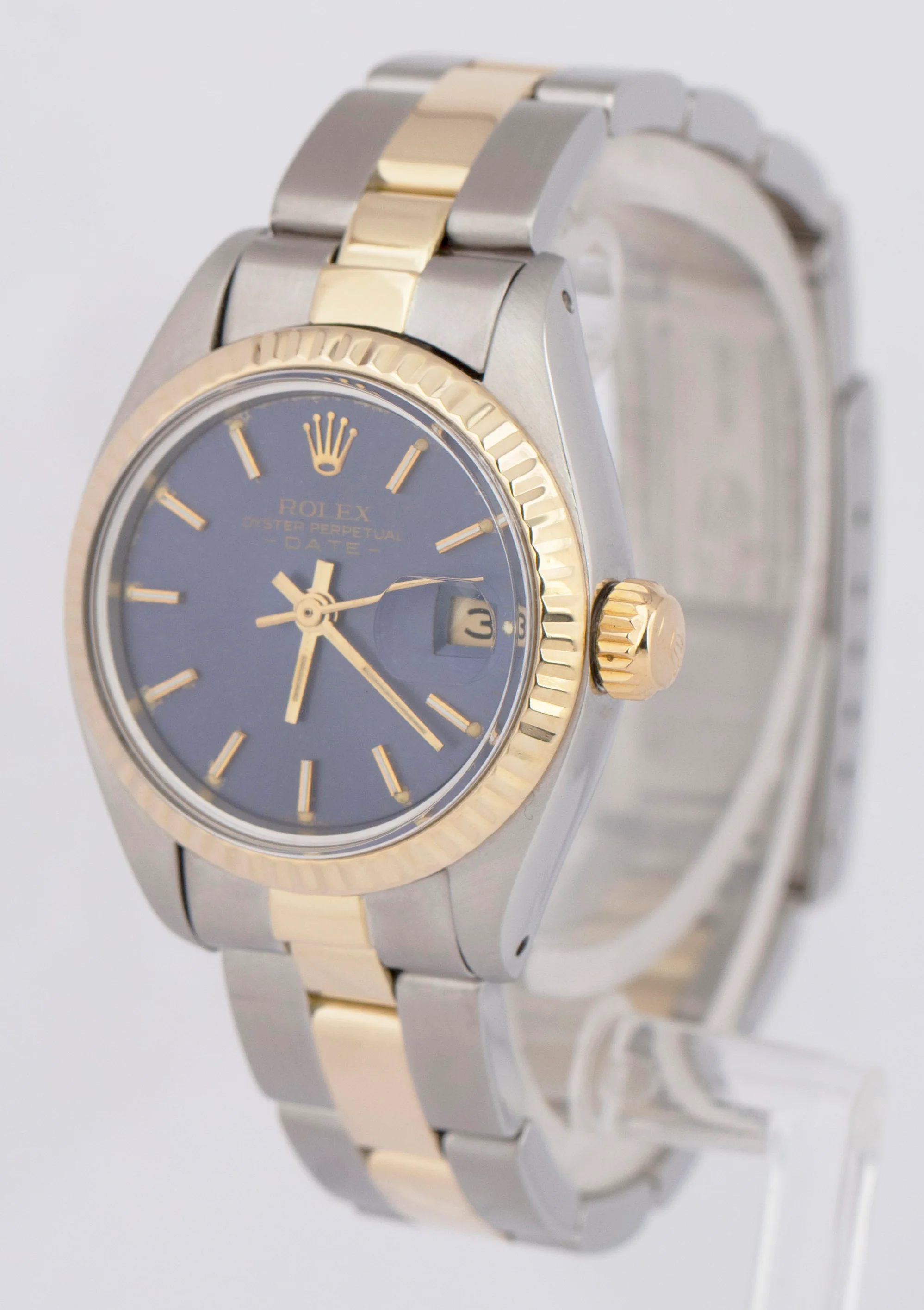 MINT Rolex Oyster Perpetual Date 26mm BLUE Two-Tone 18K Gold Fluted 6917 Watch - Image 3