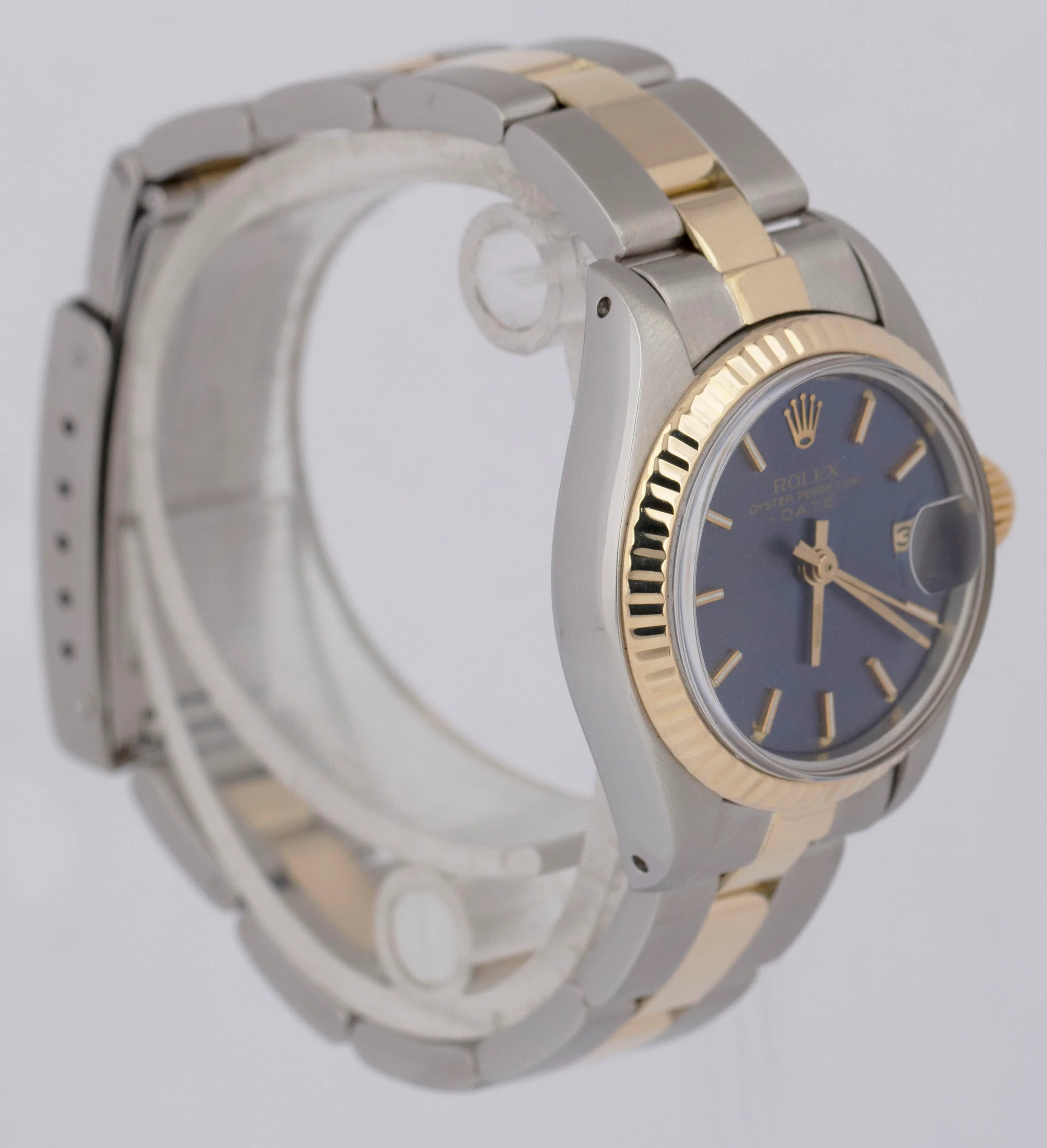 MINT Rolex Oyster Perpetual Date 26mm BLUE Two-Tone 18K Gold Fluted 6917 Watch - Image 4