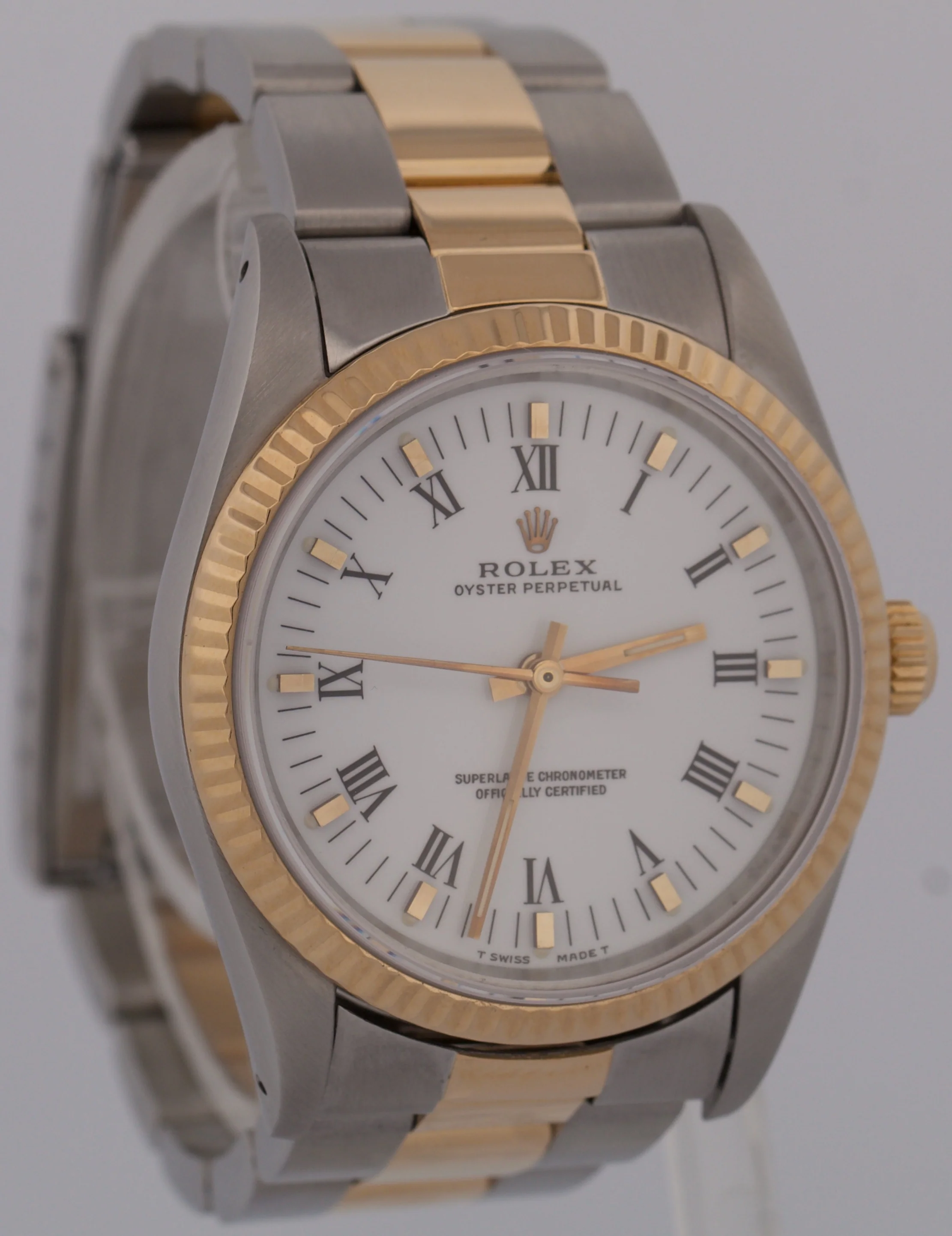 MINT Rolex Oyster Perpetual WHITE ROMAN Buckley 18K Gold Steel Oyster 34mm 14233 - Image 3