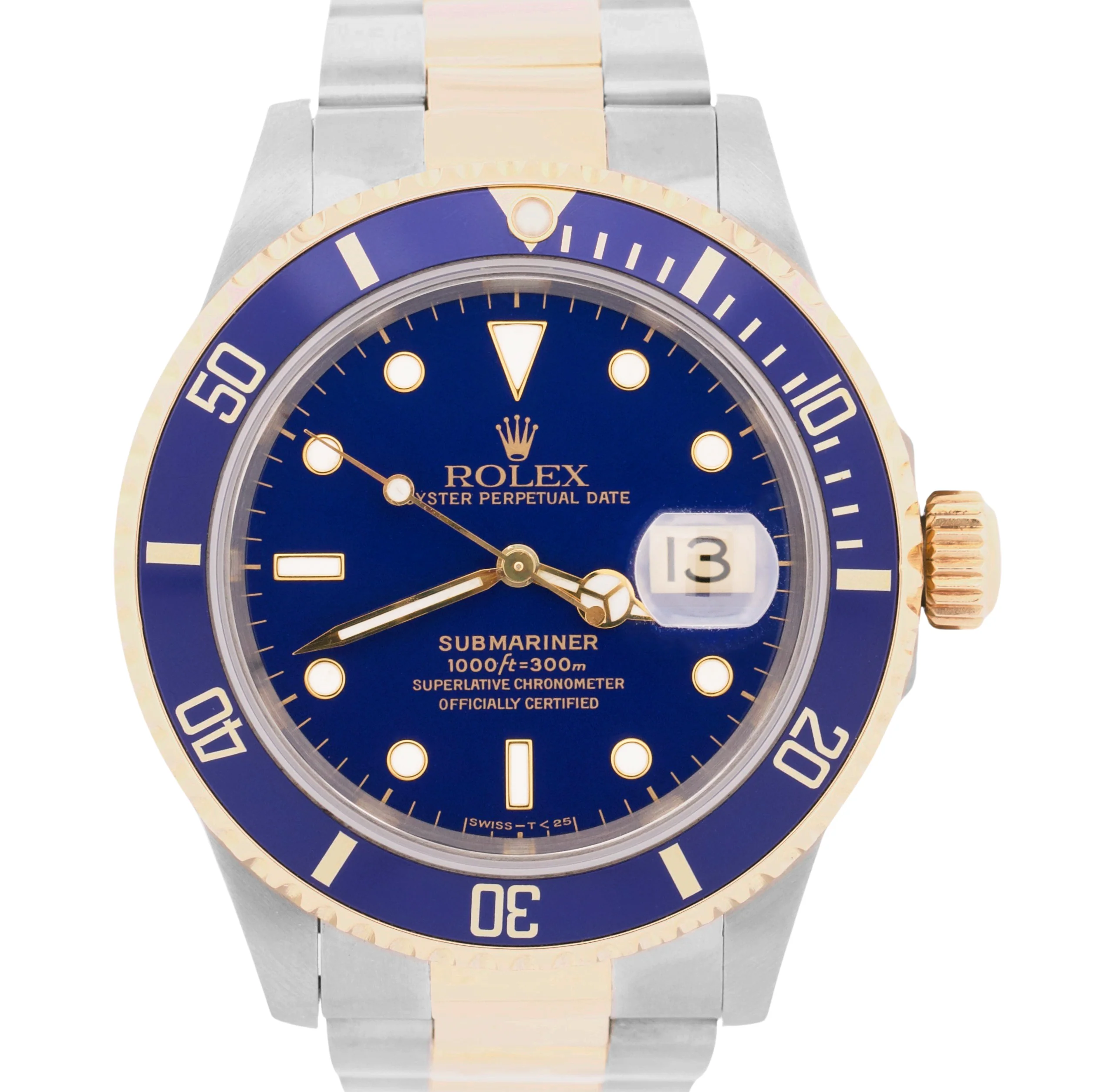 MINT Rolex Submariner Date 40mm BLUE 18K Yellow Gold Stainless Steel 16613 Watch