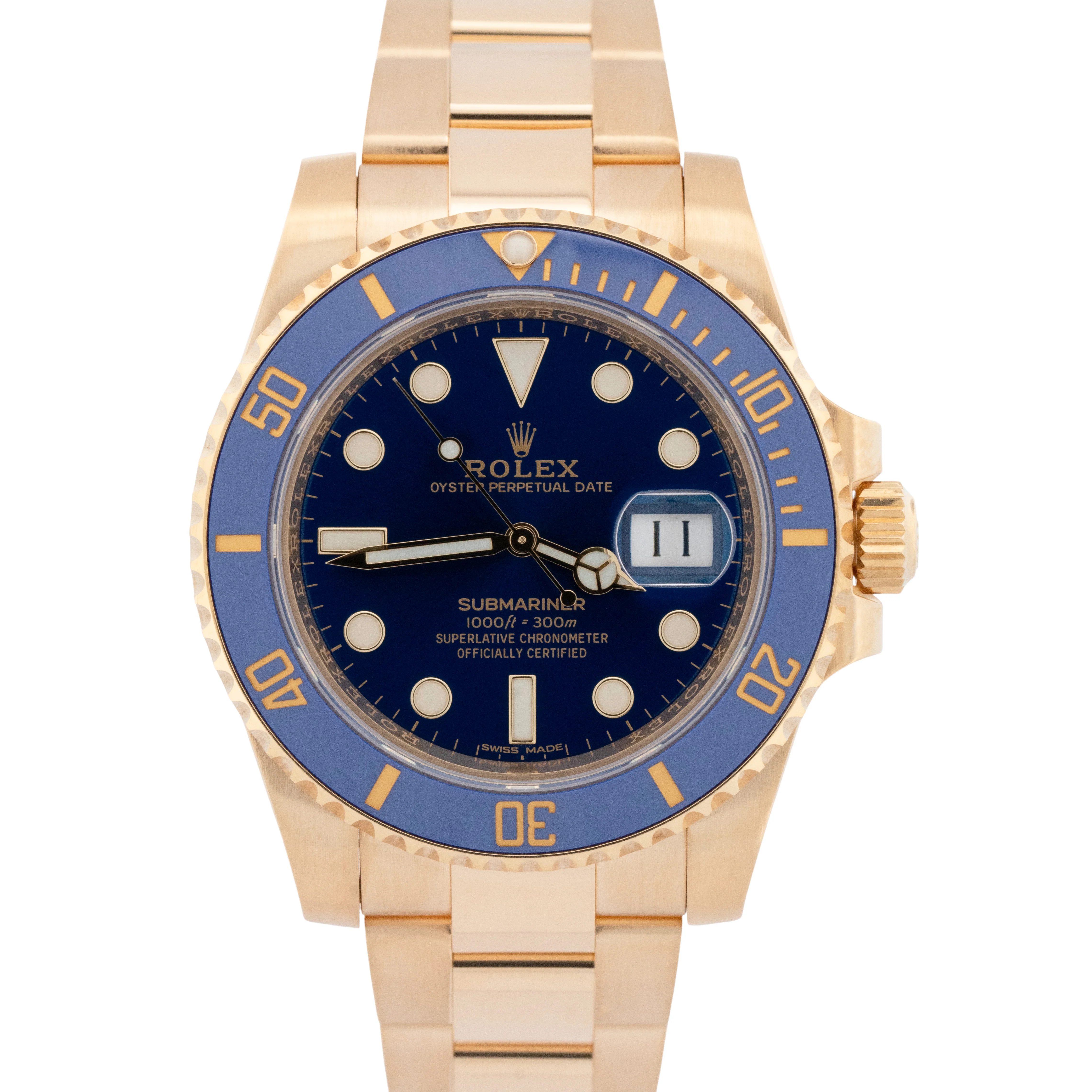MINT Rolex Submariner Date 40mm Ceramic 18K Yellow Gold Blue Watch 116618 LB