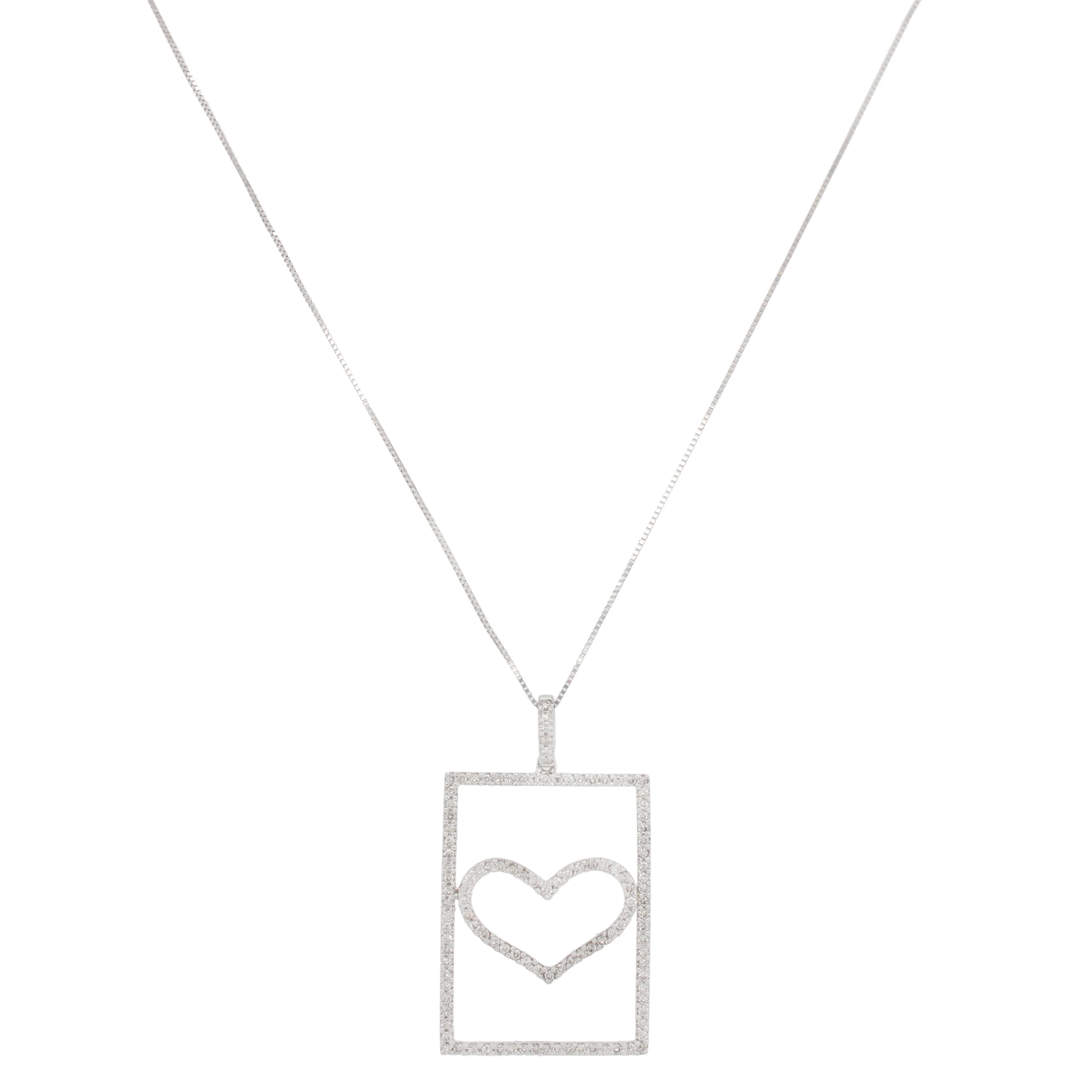 Modern 0.50ctw Diamond Rectangle Heart Pendant - 14k White Gold 18" Necklace