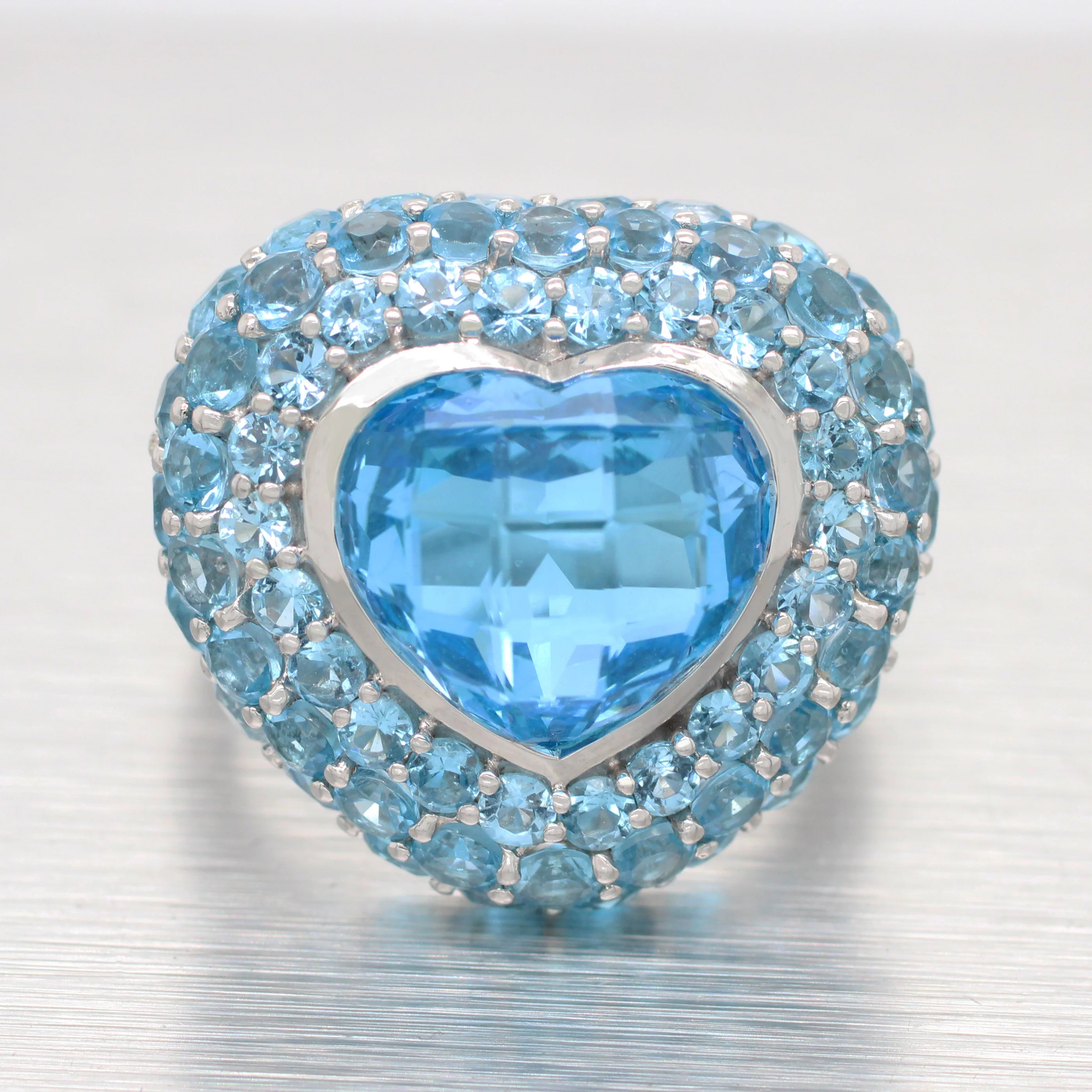 Modern Blue Topaz & Aquamarine Heart Cocktail Ring - 14k White Gold