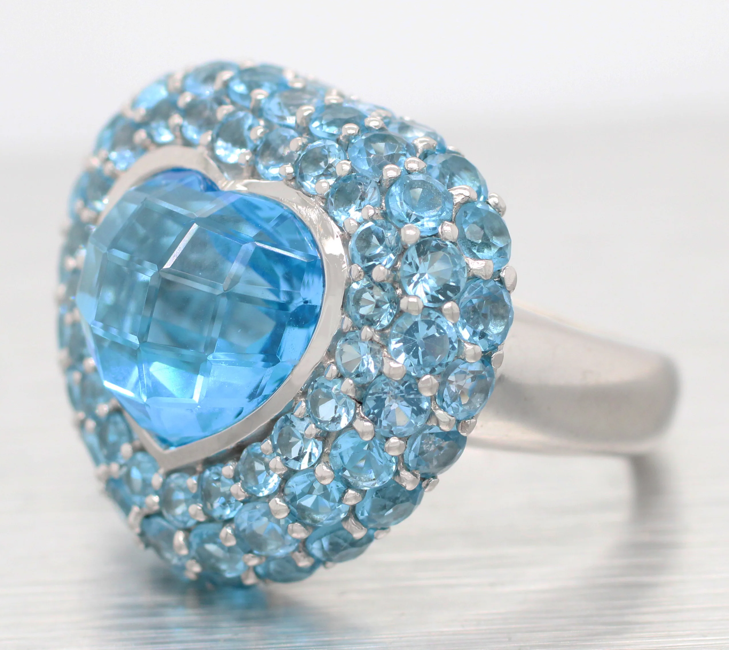Modern Blue Topaz & Aquamarine Heart Cocktail Ring - 14k White Gold - Image 2