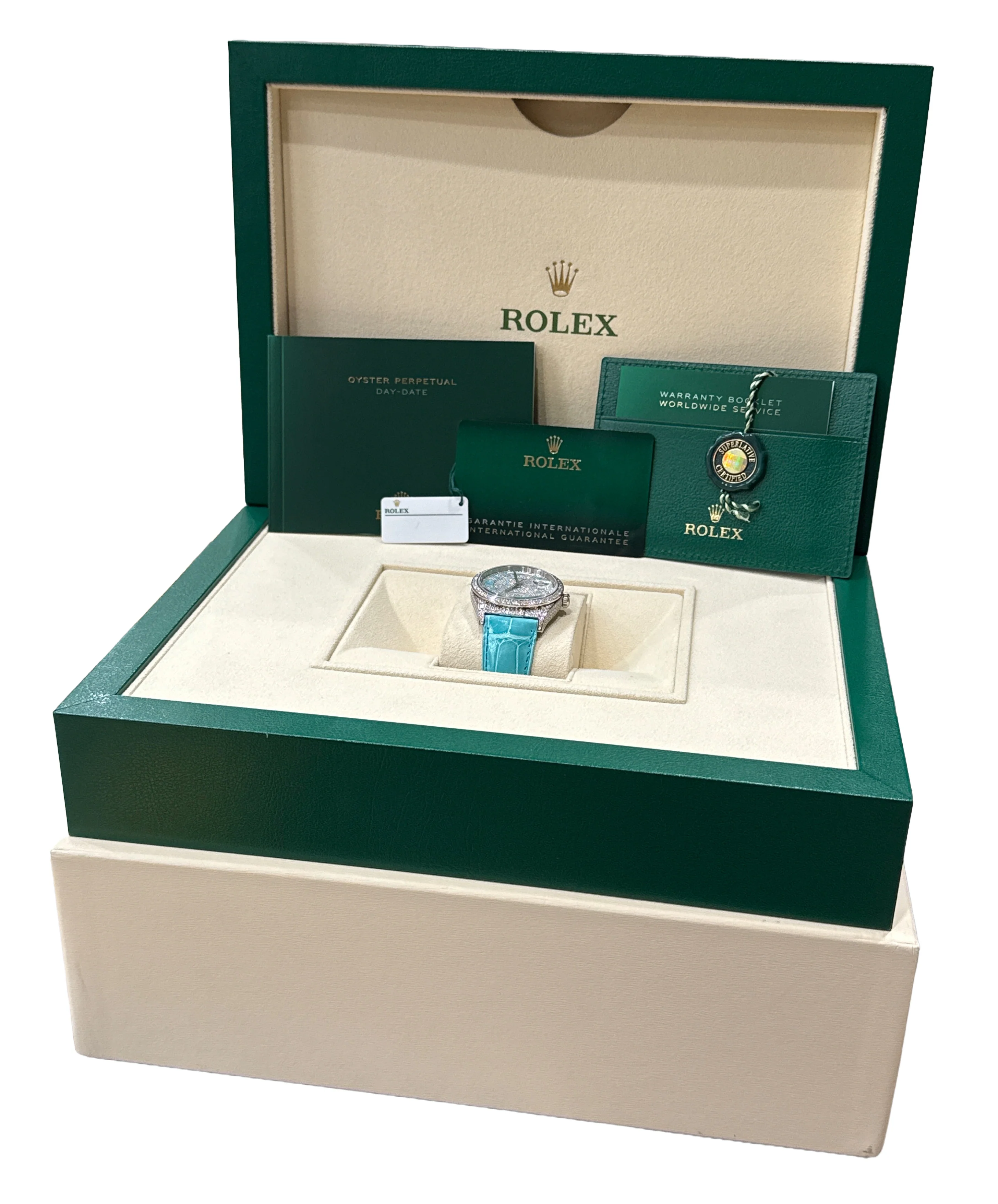 NEW 2025 PAPERS Rolex Day-Date PAVE DIAMOND TURQUOISE ROMAN 36mm 128159RBR BOX - Image 2