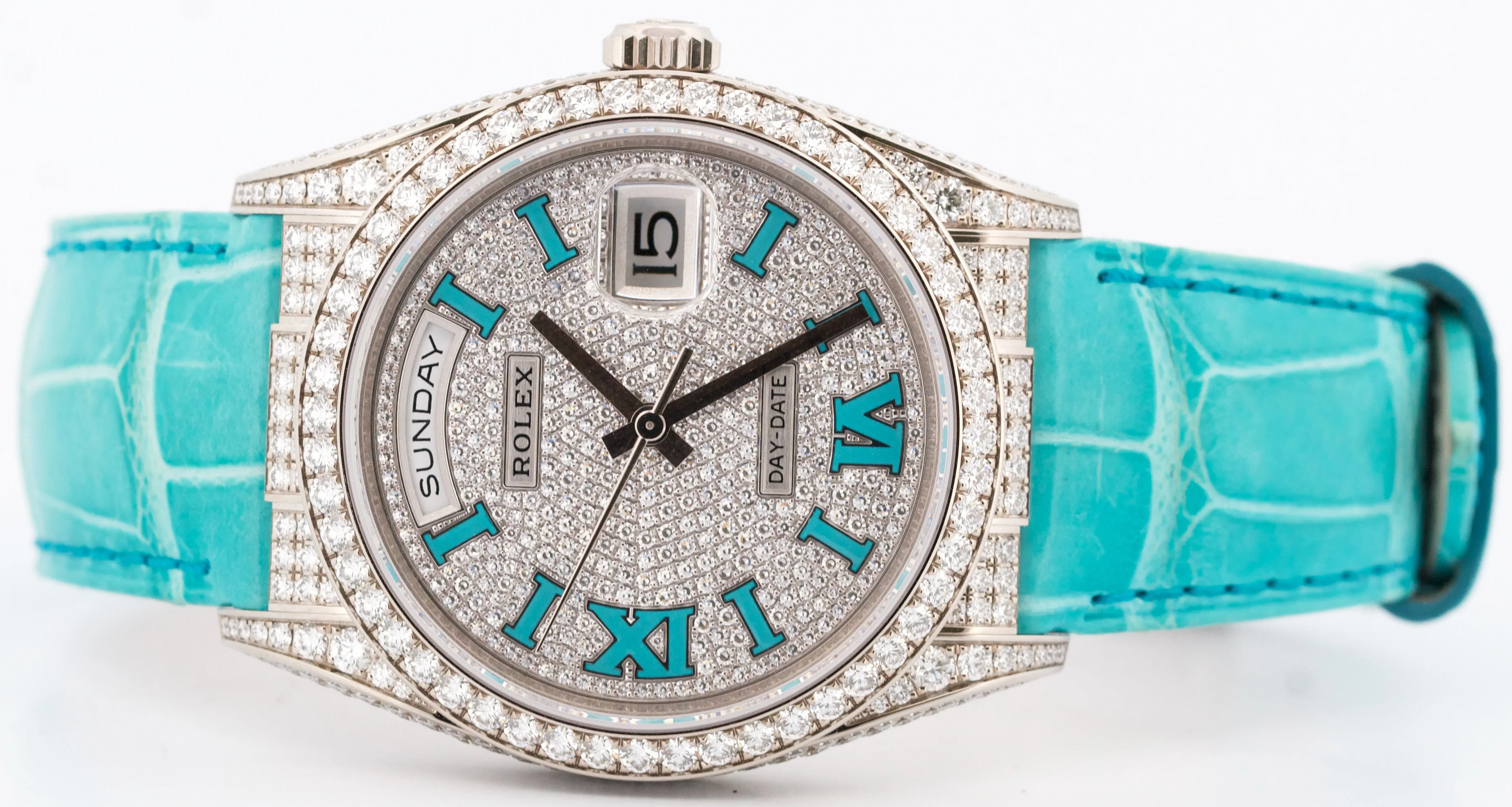 NEW 2025 PAPERS Rolex Day-Date PAVE DIAMOND TURQUOISE ROMAN 36mm 128159RBR BOX - Image 9