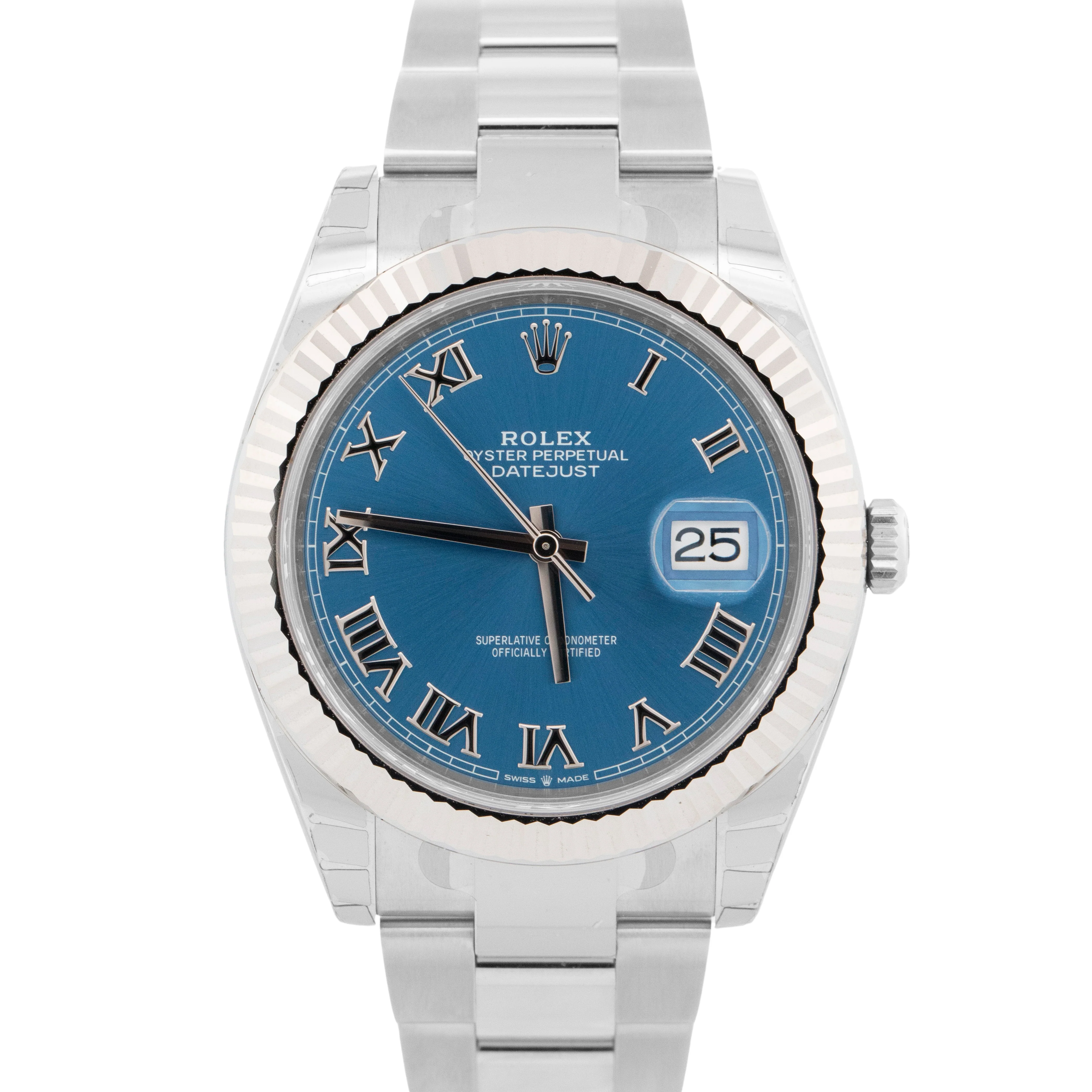 NEW STICKERED PAPERS Rolex DateJust 41mm AZZURRO BLUE ROMAN 18K Steel 126334 BOX