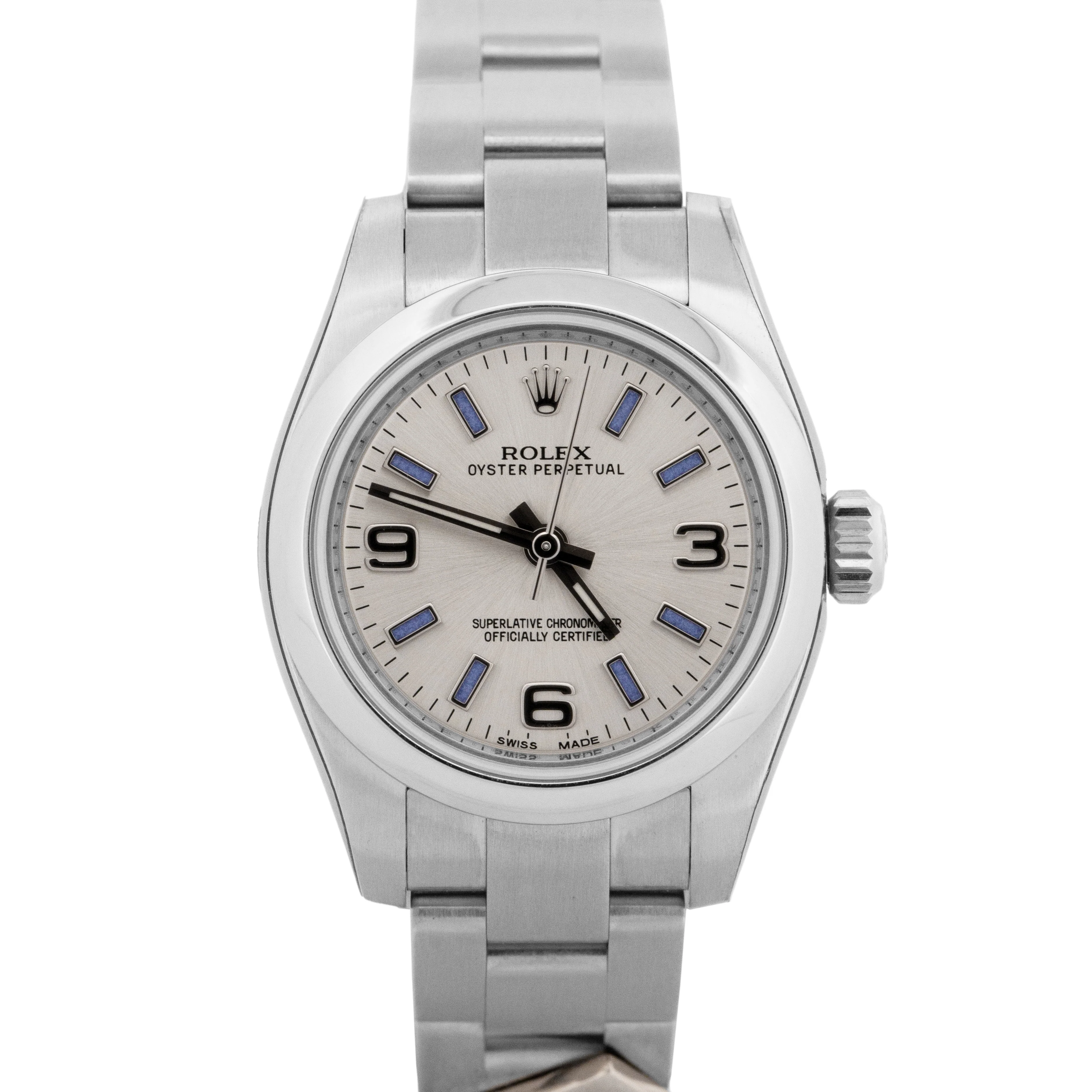 NEW STICKERED PAPERS Rolex Oyster Perpetual DOMINOS Silver 26mm Watch 176200 BOX