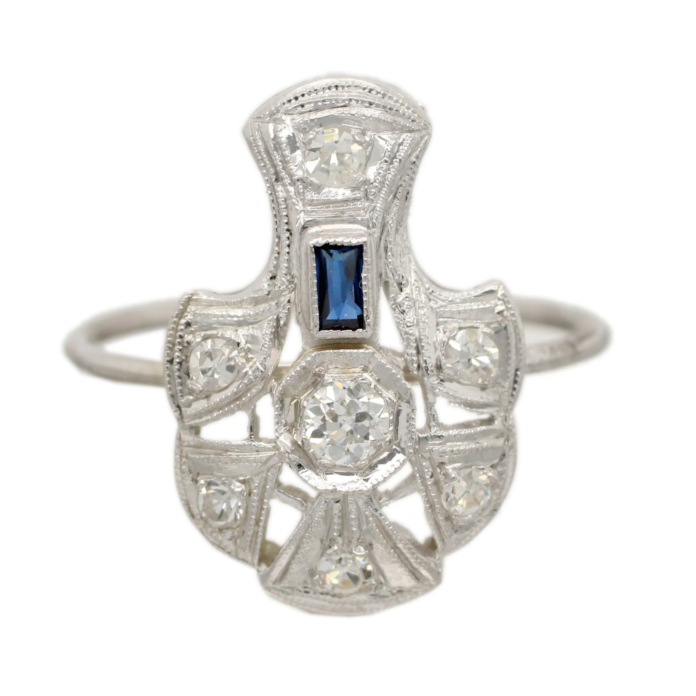 Antique Art Deco 0.40ctw Diamond & Sapphire Pin Conversion Ring - 14k White Gold