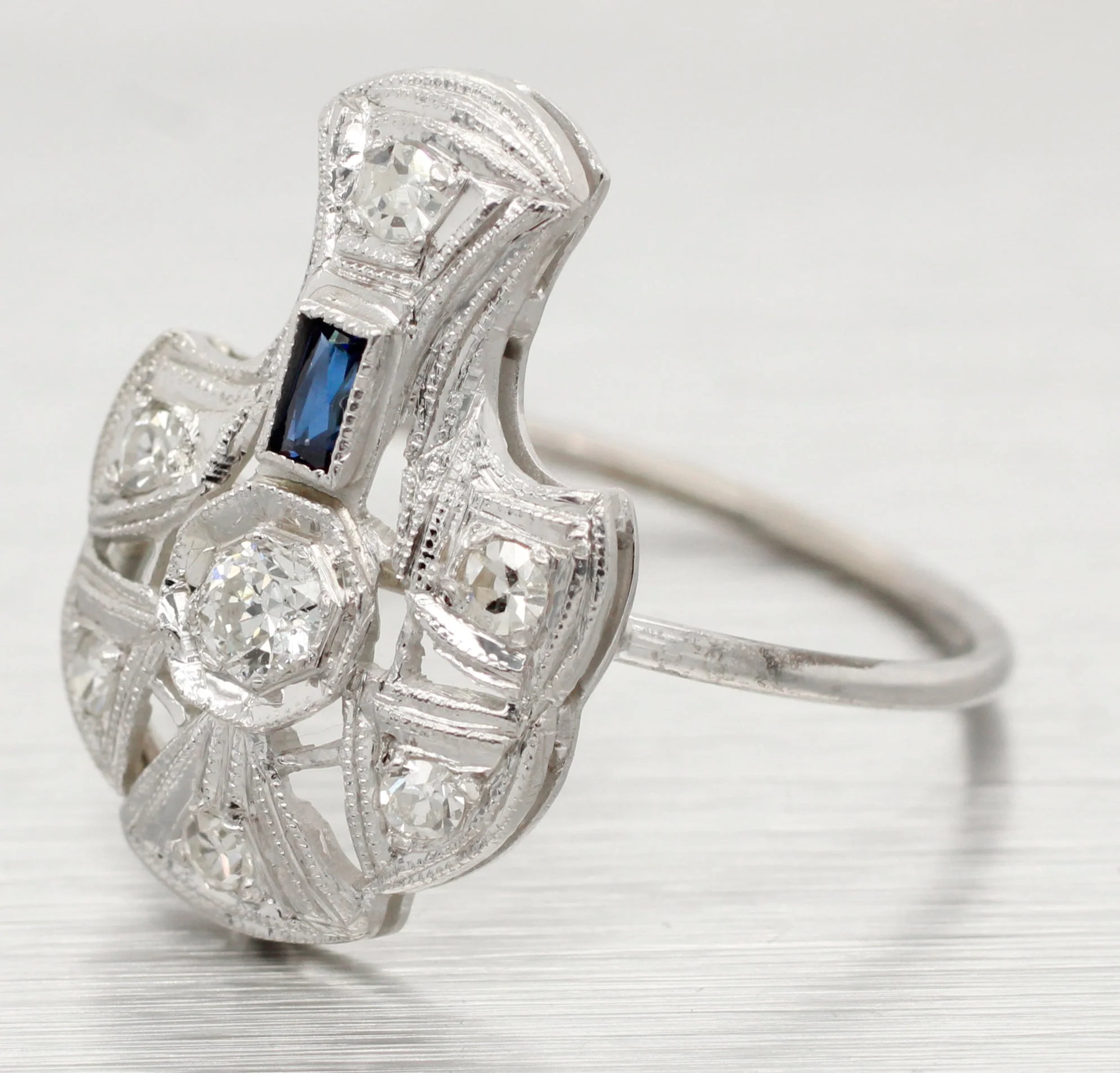Antique Art Deco 0.40ctw Diamond & Sapphire Pin Conversion Ring - 14k White Gold - Image 2