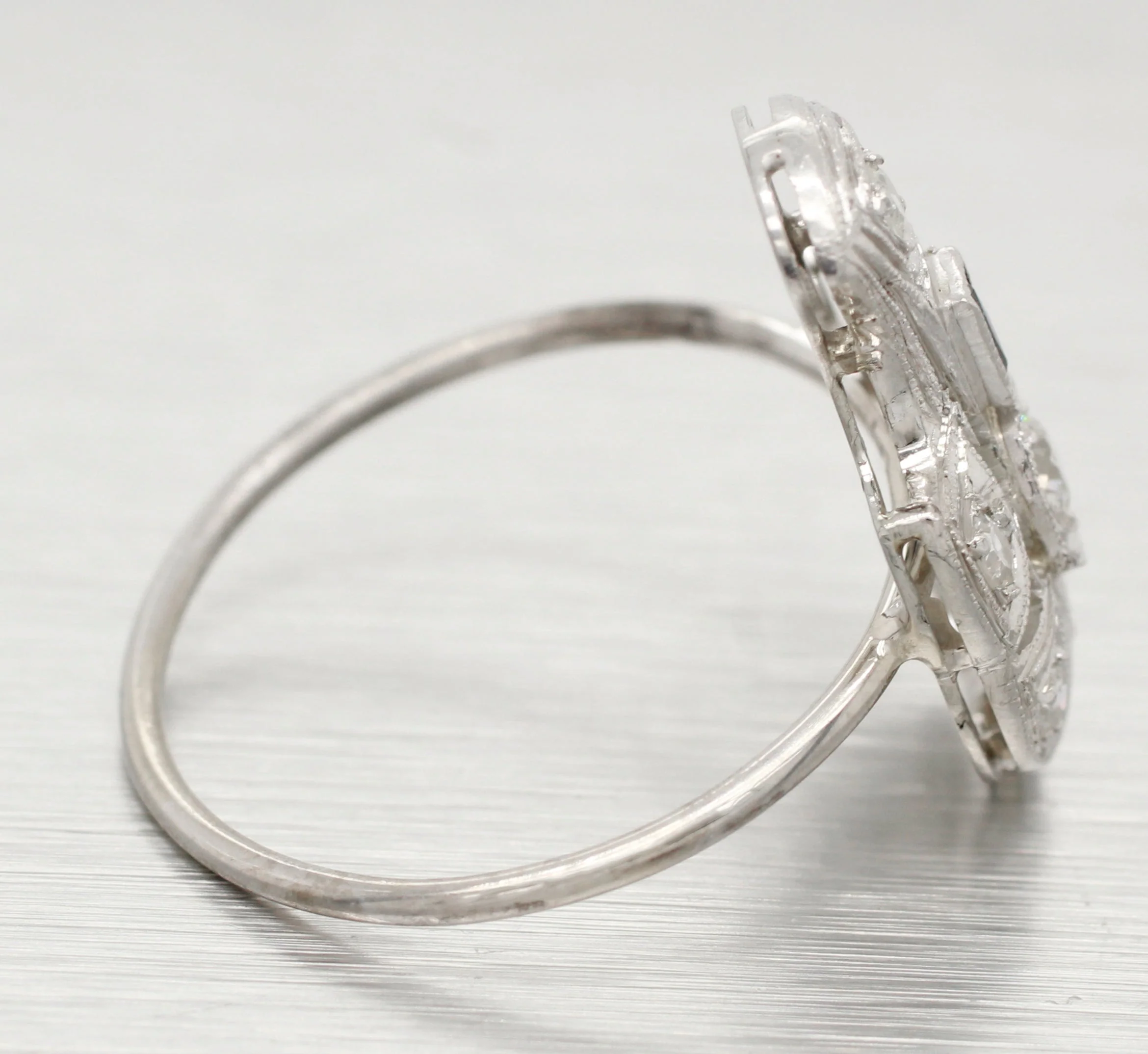Antique Art Deco 0.40ctw Diamond & Sapphire Pin Conversion Ring - 14k White Gold - Image 3