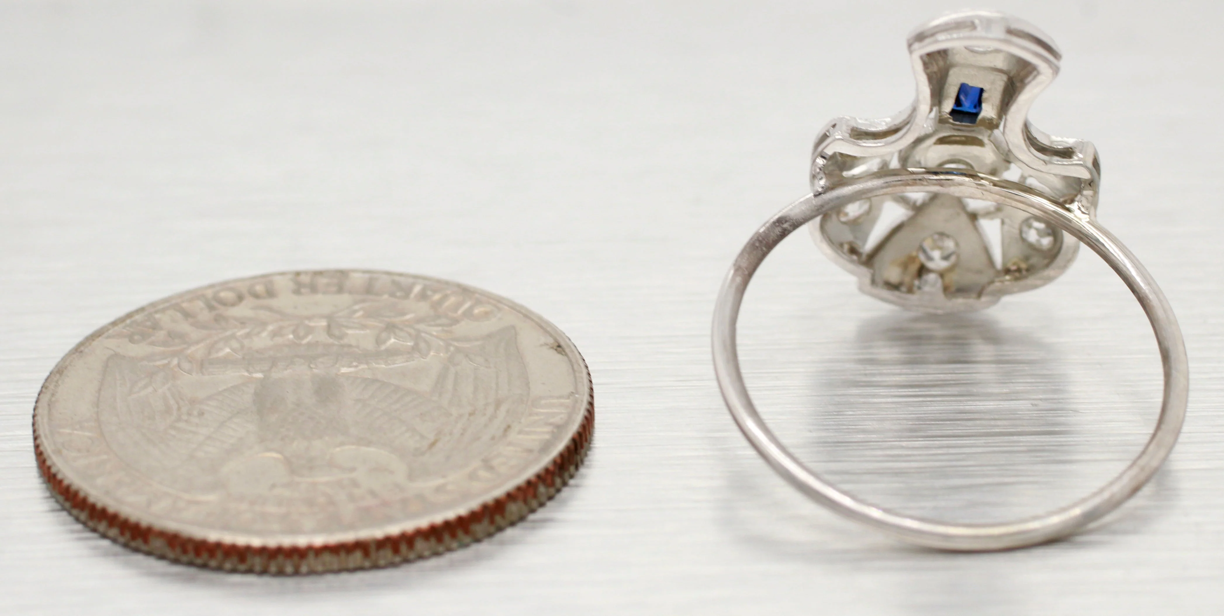 Antique Art Deco 0.40ctw Diamond & Sapphire Pin Conversion Ring - 14k White Gold - Image 4