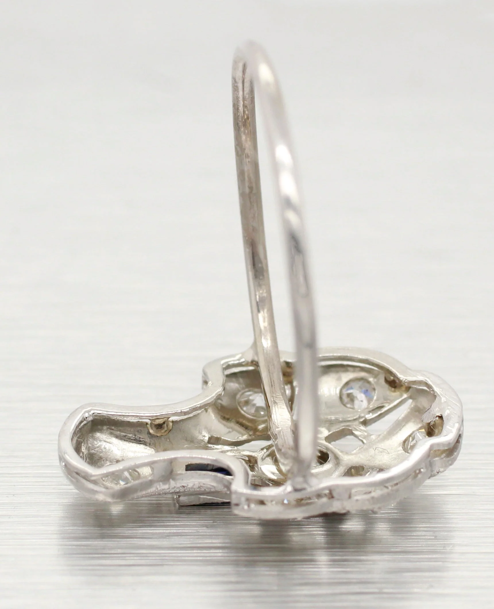 Antique Art Deco 0.40ctw Diamond & Sapphire Pin Conversion Ring - 14k White Gold - Image 5