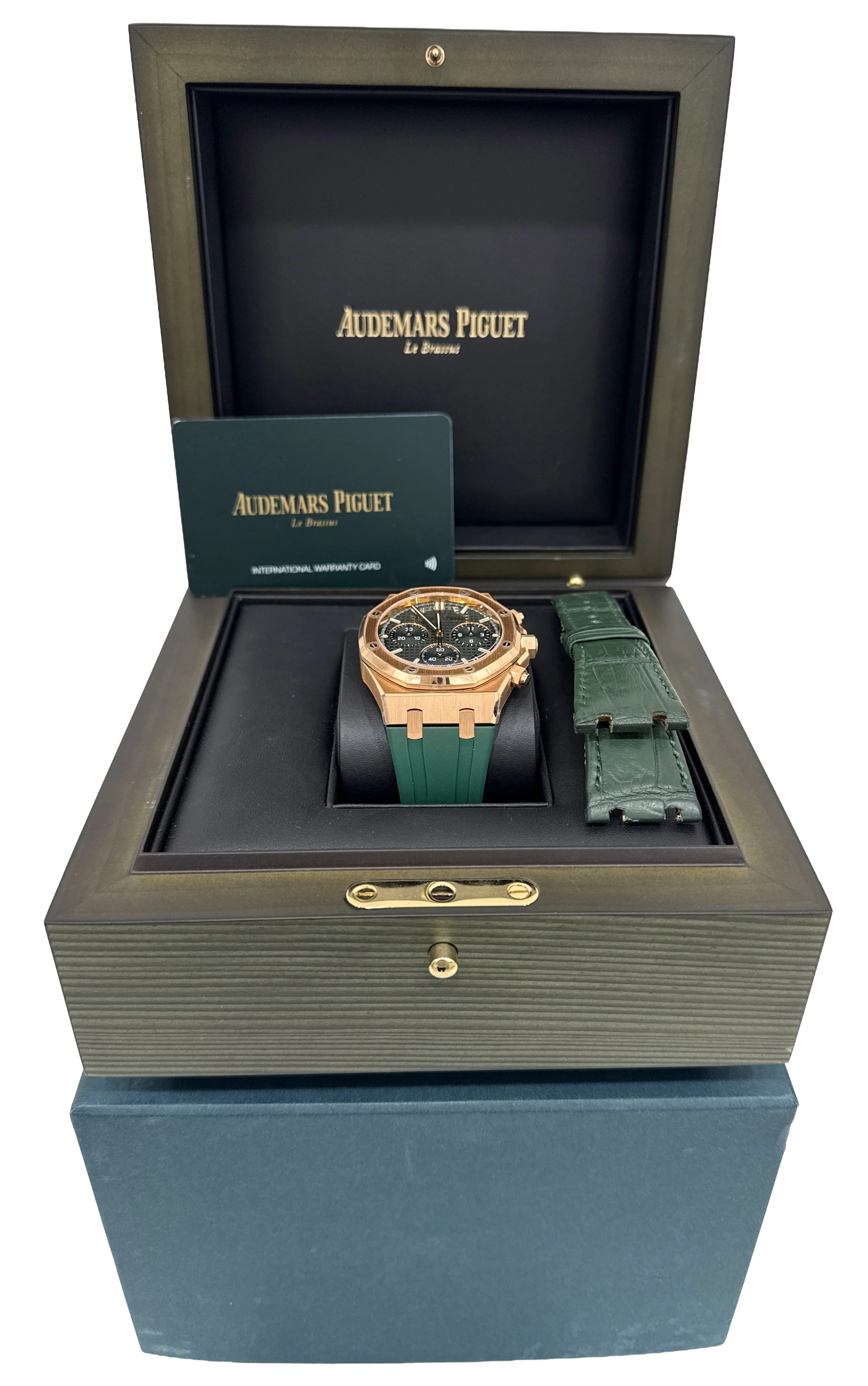 PAPERS Audemars Piguet Royal Oak Chrono GREEN 18K Rose Gold Watch 26240OR BOX - Image 2