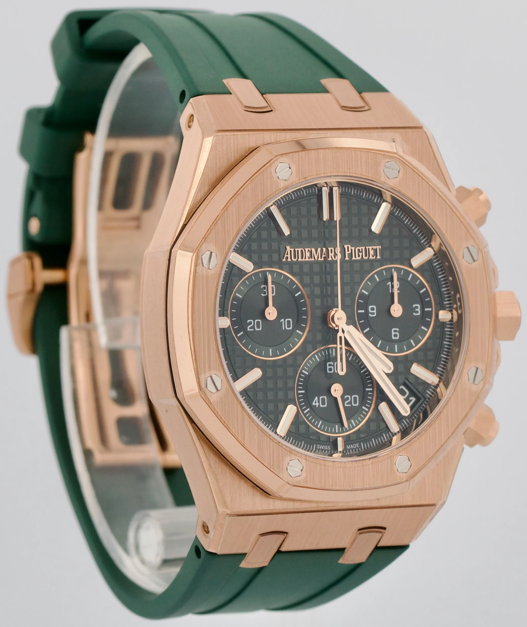 PAPERS Audemars Piguet Royal Oak Chrono GREEN 18K Rose Gold Watch 26240OR BOX - Image 3