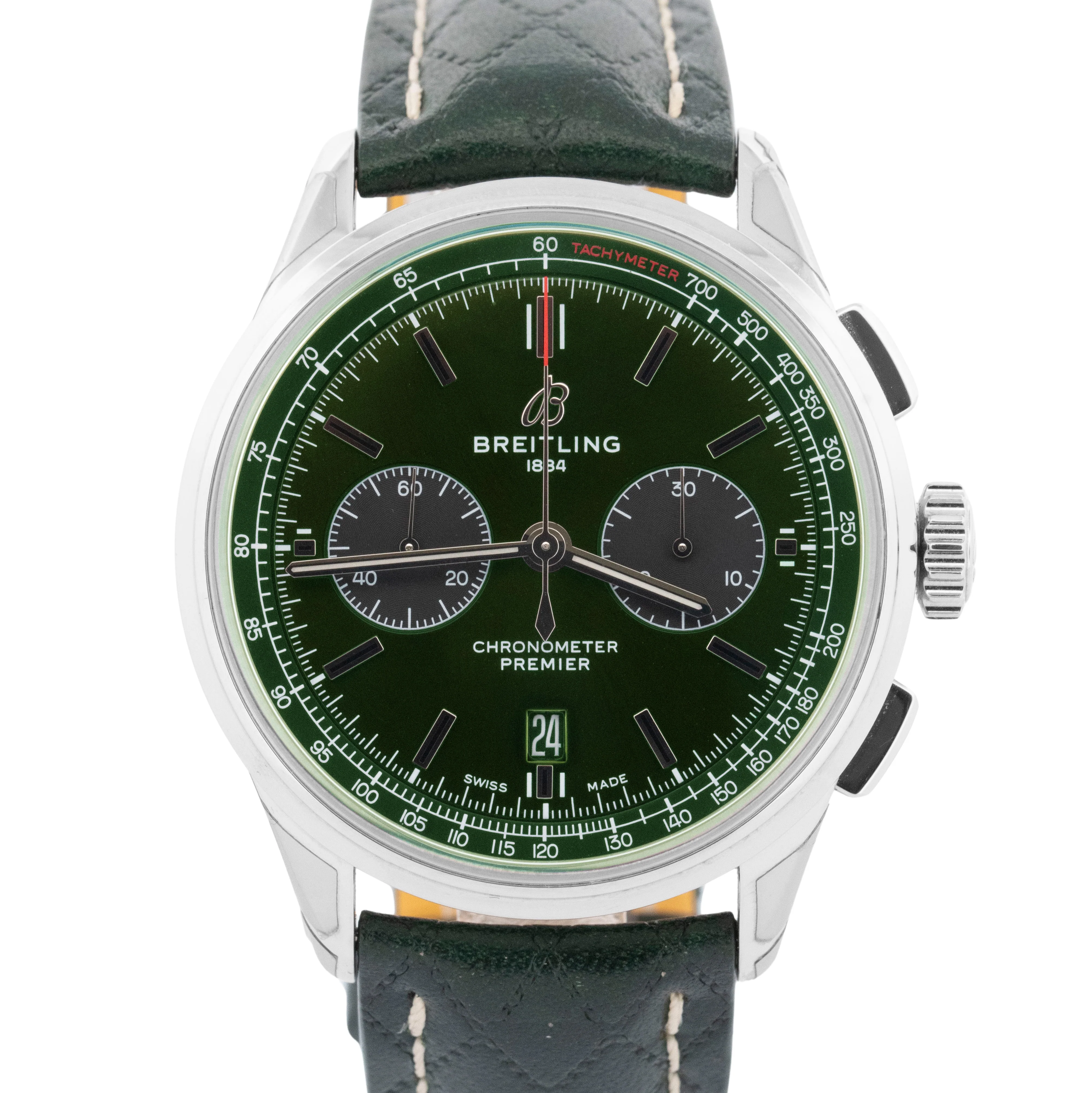 PAPERS Breitling Premier B01 42mm Stainless Steel Green Date Watch AB0118 BOX
